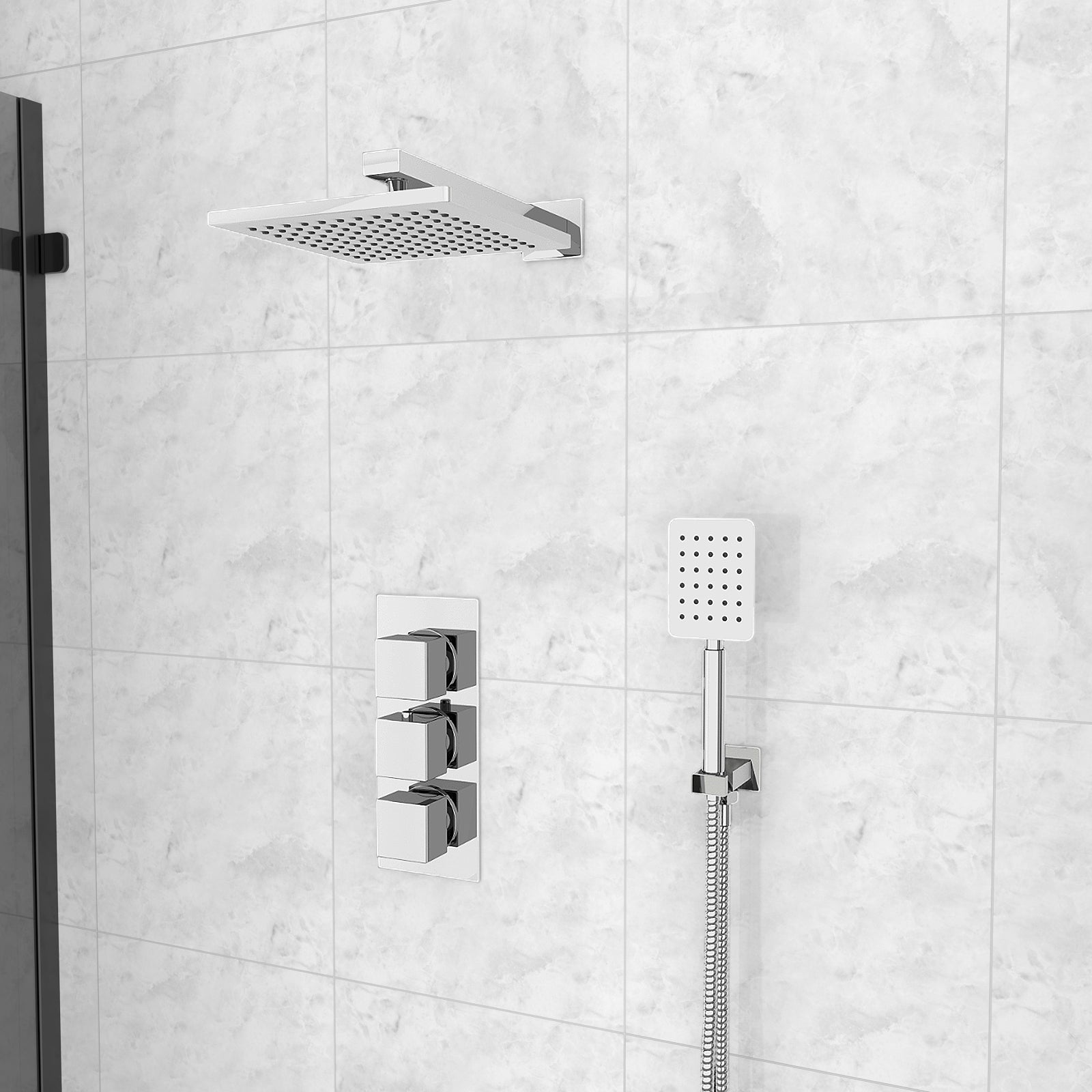 Olive Square 3 Way Concealed Thermostatic Shower Mixer Valve, Shower Head, Handheld, Bath Filler Set Chrome