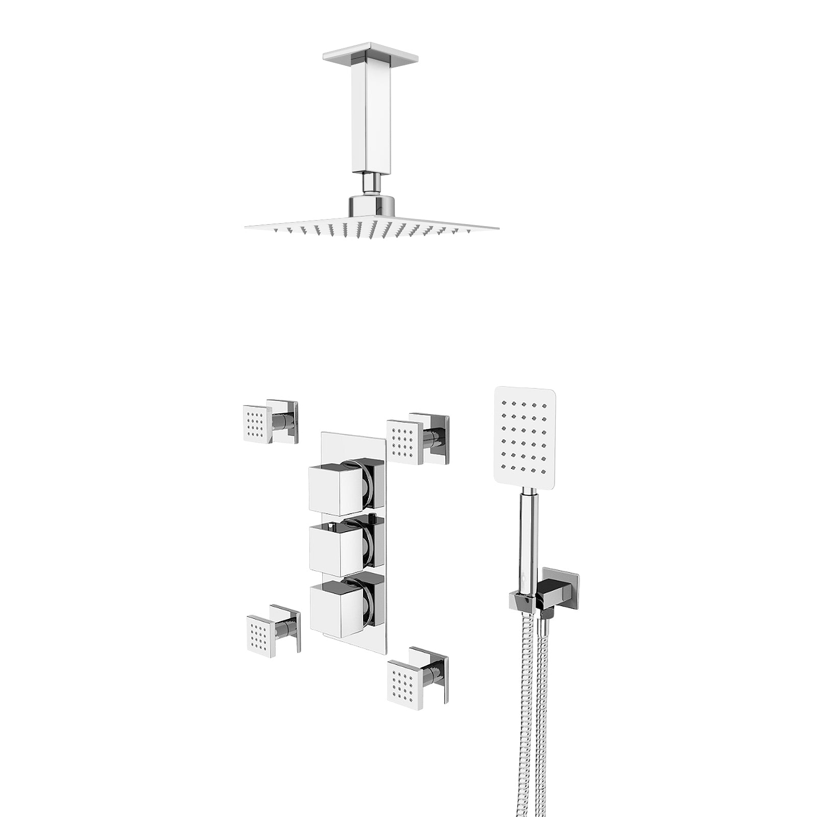 Olive Square 3 Way Concealed Thermostatic Shower Mixer Valve, Ceiling Shower Head, Handset, 4x Body Jets Set Chrome