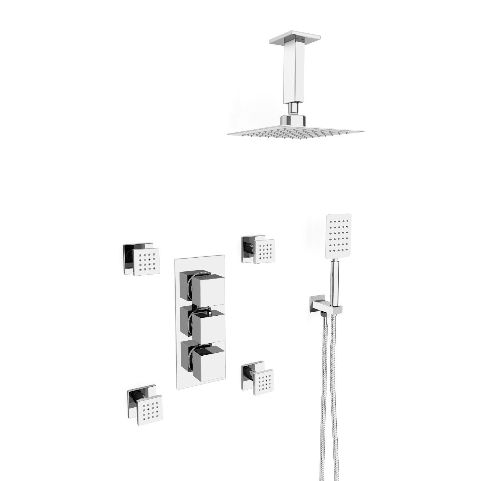 Olive Square 3 Way Concealed Thermostatic Shower Mixer Valve, Ceiling Shower Head, Handset, 4x Body Jets Set Chrome