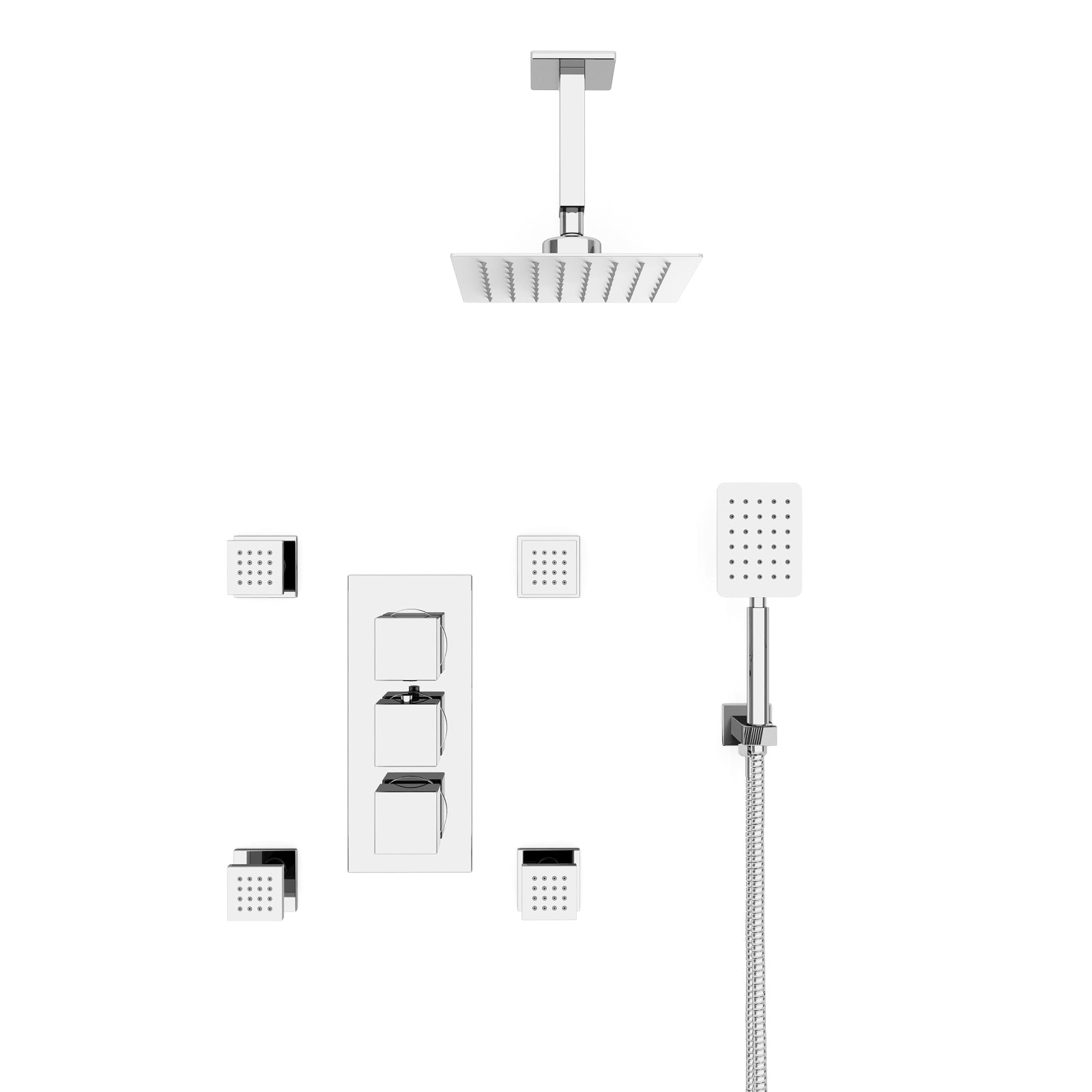 Olive Square 3 Way Concealed Thermostatic Shower Mixer Valve, Ceiling Shower Head, Handset, 4x Body Jets Set Chrome
