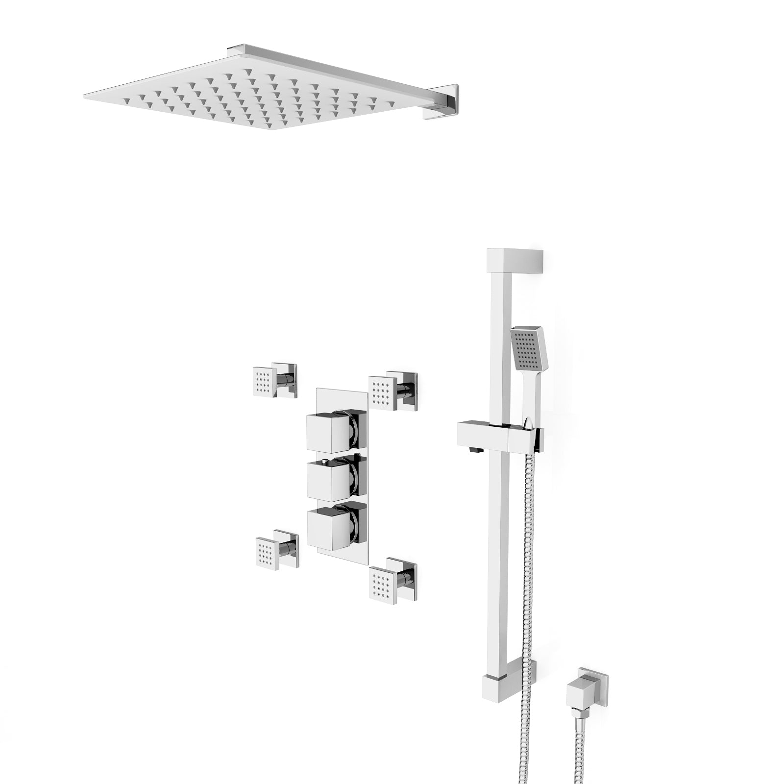 Olive Square 3 Way Concealed Thermostatic Shower Mixer Valve, Wall Shower Head, Handset, Slider Rail, 4x Body Jets Set Chrome