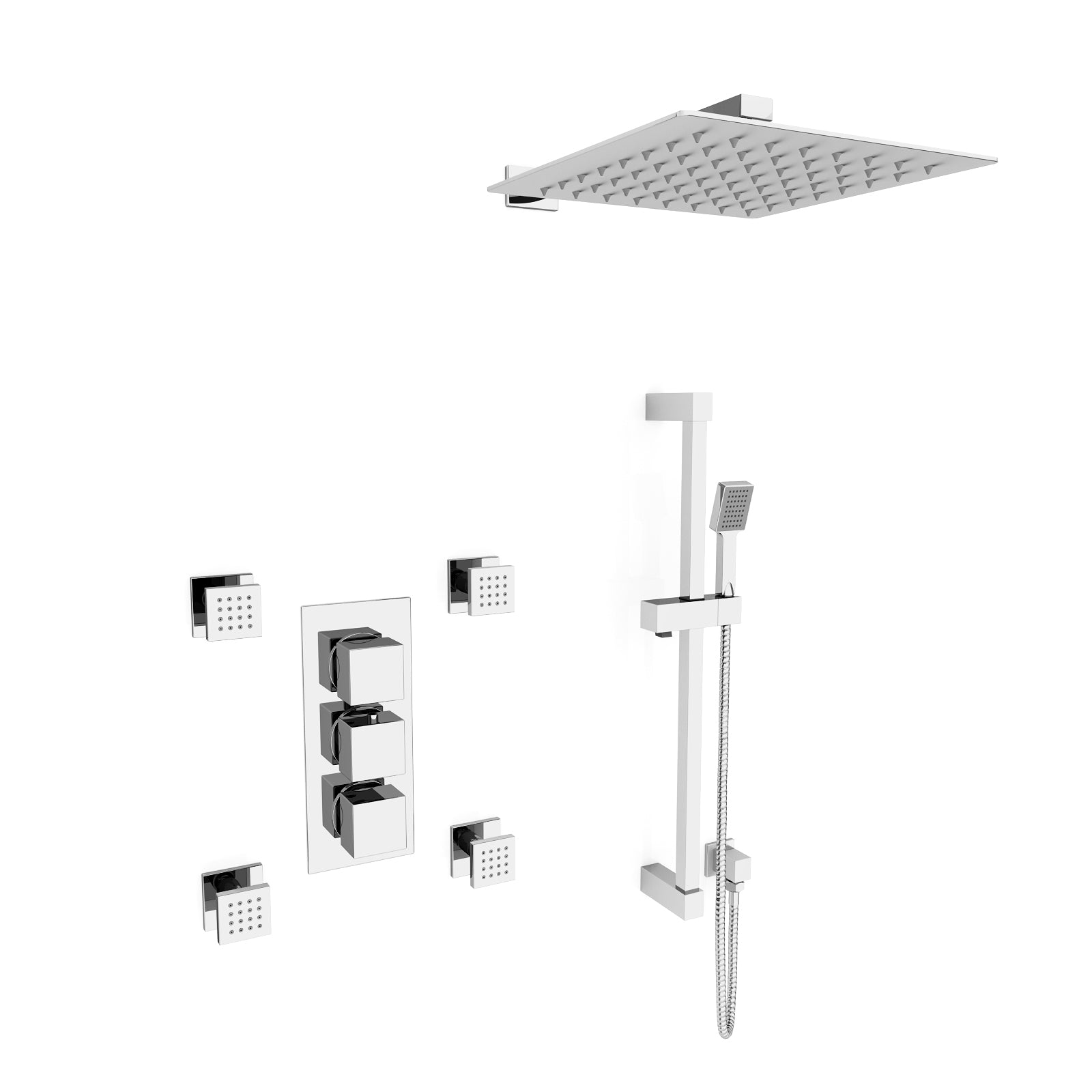 Olive Square 3 Way Concealed Thermostatic Shower Mixer Valve, Wall Shower Head, Handset, Slider Rail, 4x Body Jets Set Chrome