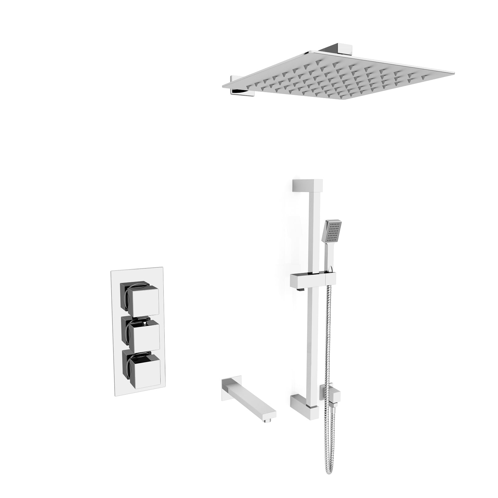 Olive Square 3 Way Concealed Thermostatic Shower Mixer Valve, Wall Shower Head, Handset, Slider Rail, Bath Spout Set Chrome