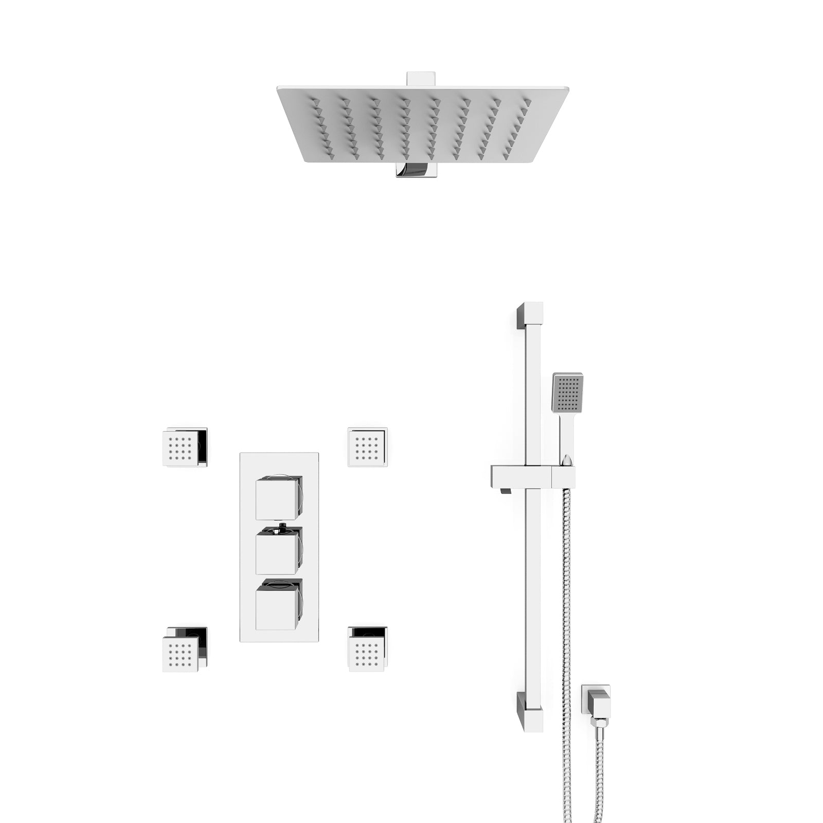 Olive Square 3 Way Concealed Thermostatic Shower Mixer Valve, Wall Shower Head, Handset, Slider Rail, Bath Filler Set Chrome