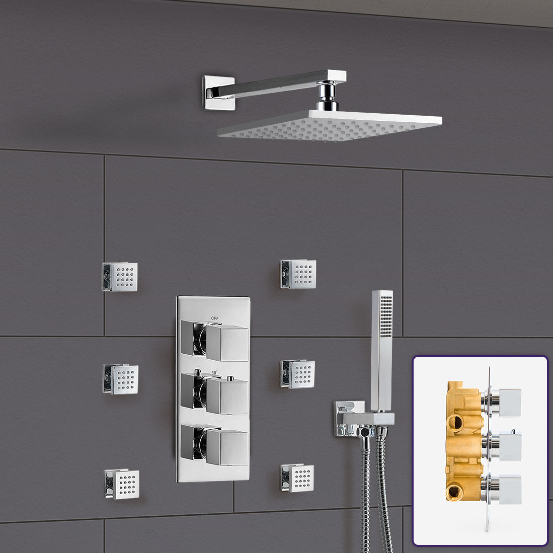 Olive 3 Way Square Concealed Thermostatic Shower Mixer Valve Handset Body Jet