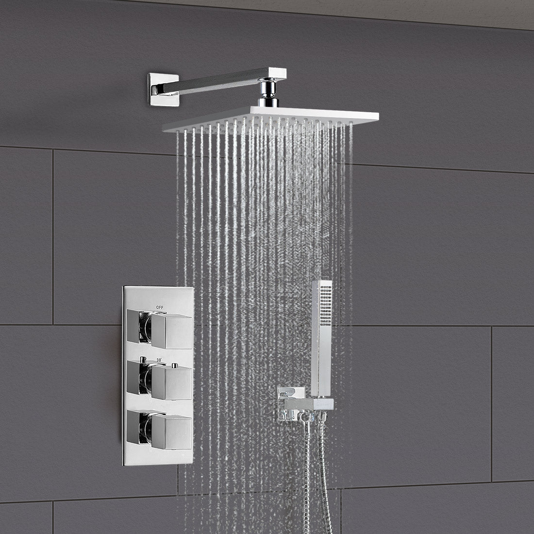 Olive Chrome Square 3 Way Concealed Thermostatic Shower Mixer Set - Shower Head, Handset & Bath Filler Spout