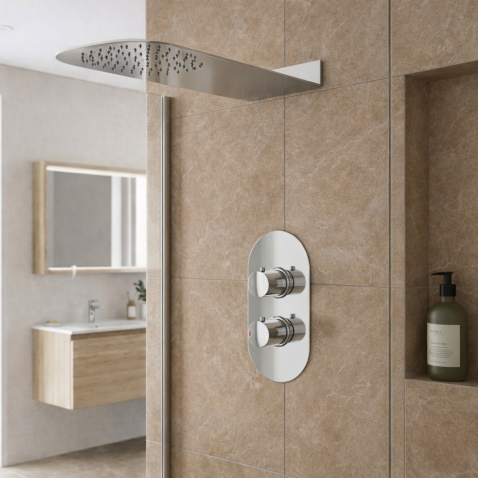Nero 2 Dial 1 Way Modern Oval Chrome Concealed Thermostatic Shower Mixer Valve with 250mm Rainfall Shower Set