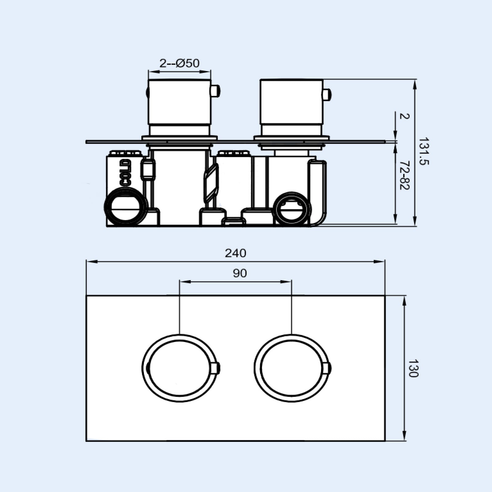Modern Chrome Square 2-Way Concealed Thermostatic Shower Mixer Valve