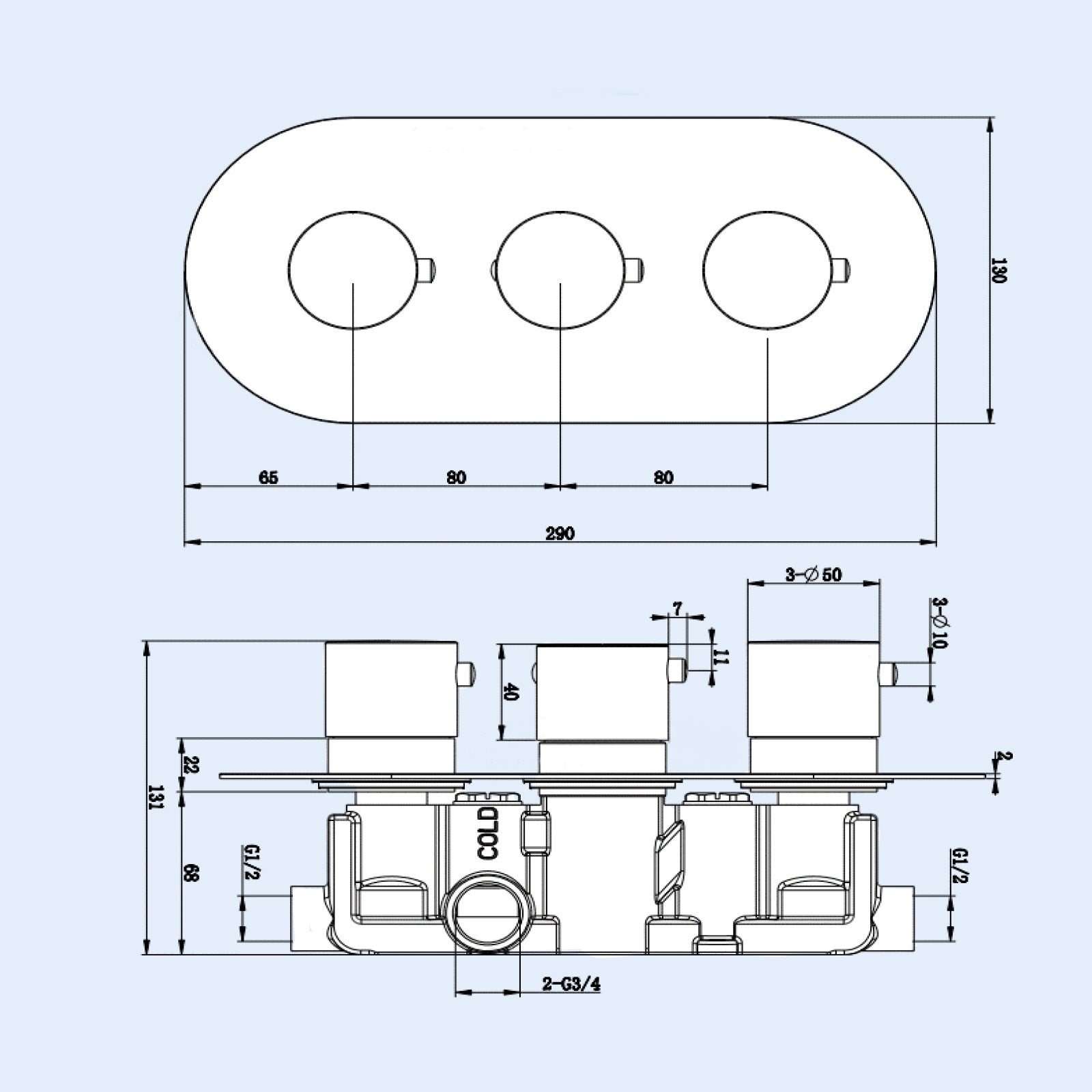 Modern Chrome Round 2-Way 3-Dial Concealed Thermostatic Shower Mixer Valve