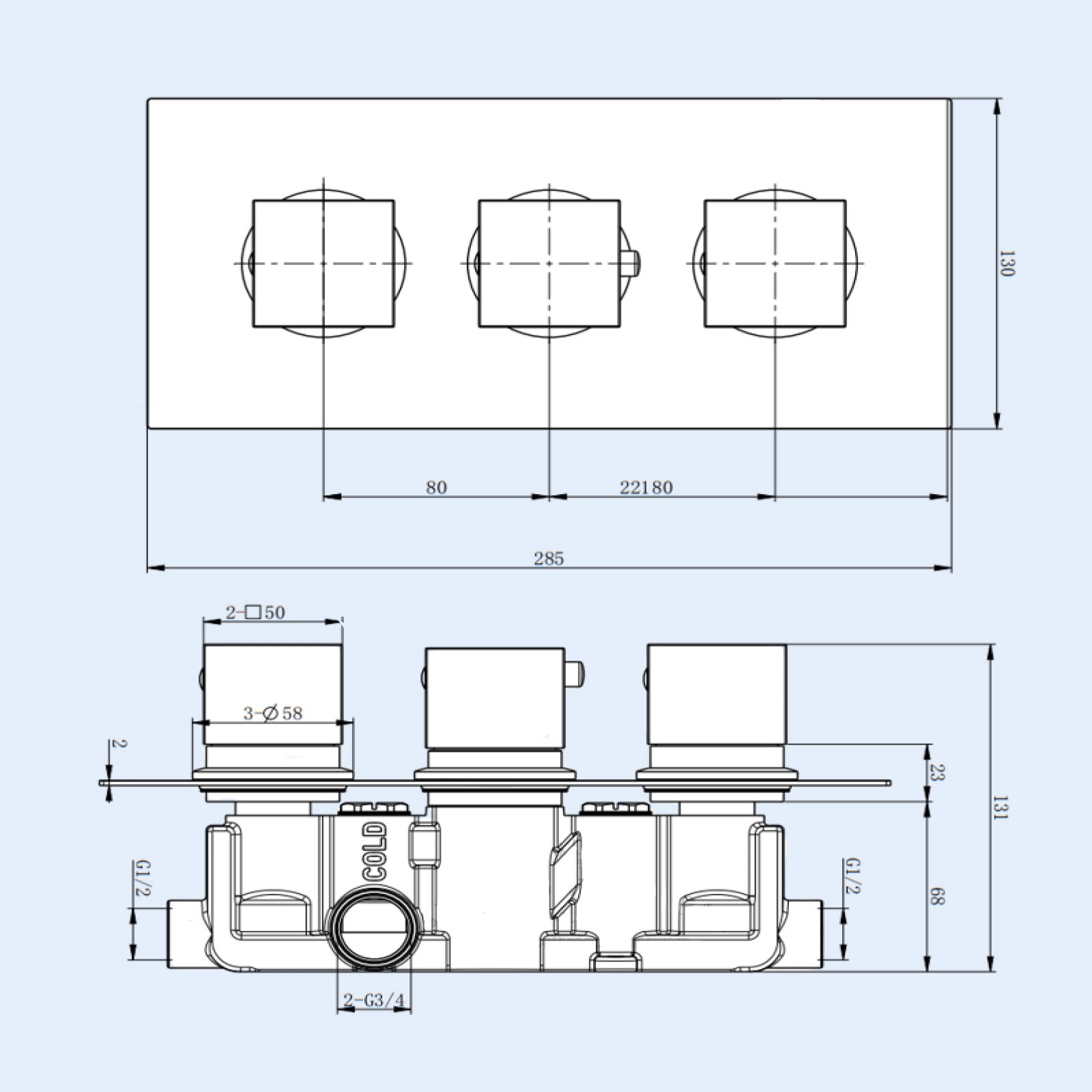 Modern Chrome Square 2-Way 3-Dial Concealed Thermostatic Shower Mixer Valve
