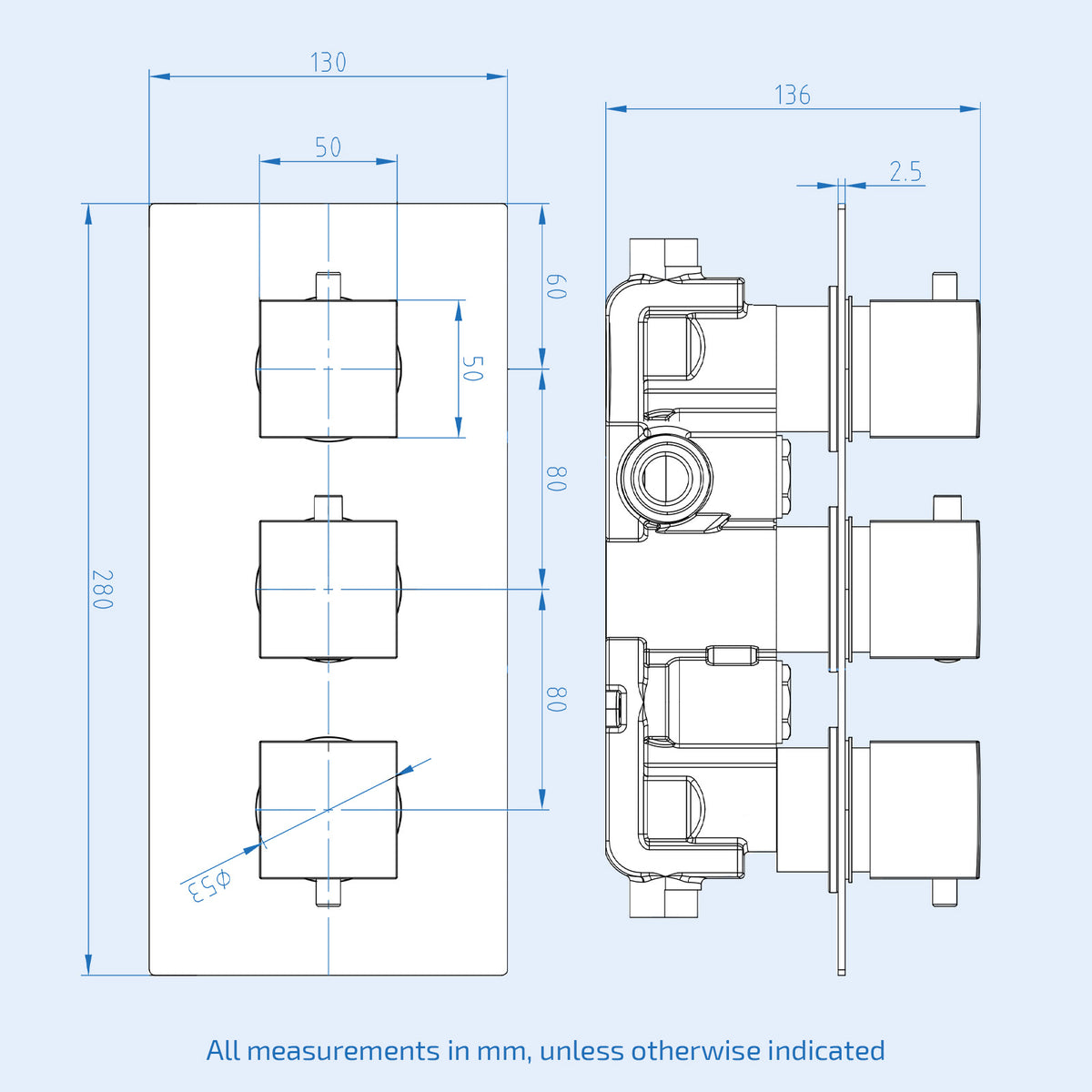 3 Dial 2 Way Square Concealed Thermostatic Mixer Valve, Overhead & Handheld