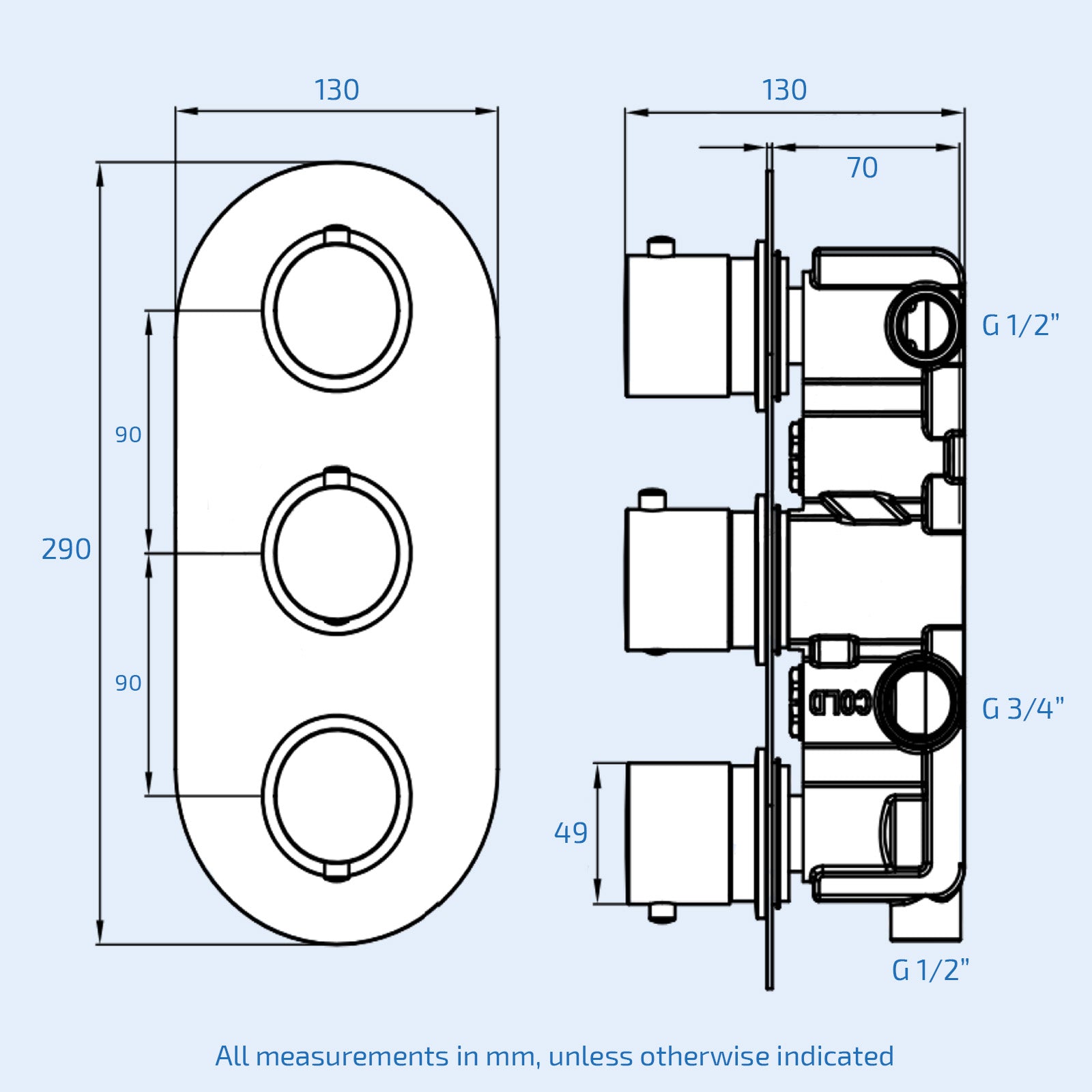 Concealed Thermostatic Valve With 3 Outlets & 3 Knobs -  Brushed Brass