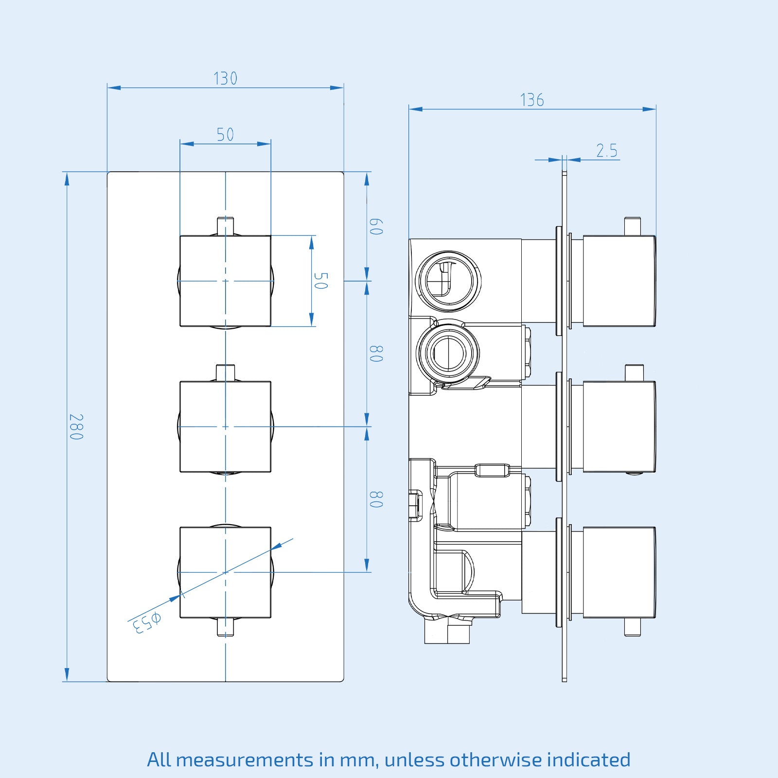 Olive Square 3 Way Concealed Thermostatic Shower Mixer Valve Bath Spout Shower Head Arm Handheld Set Chrome