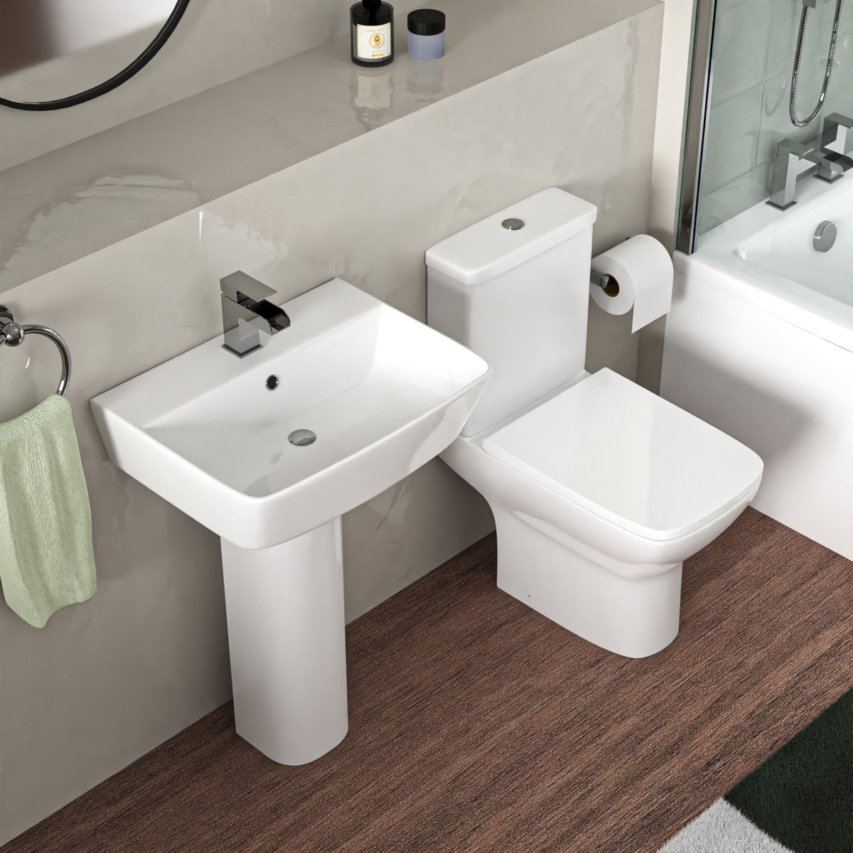 1700mm L Shaped LH Bath With Screen & Panels, Full Pedestal Basin With Toilet