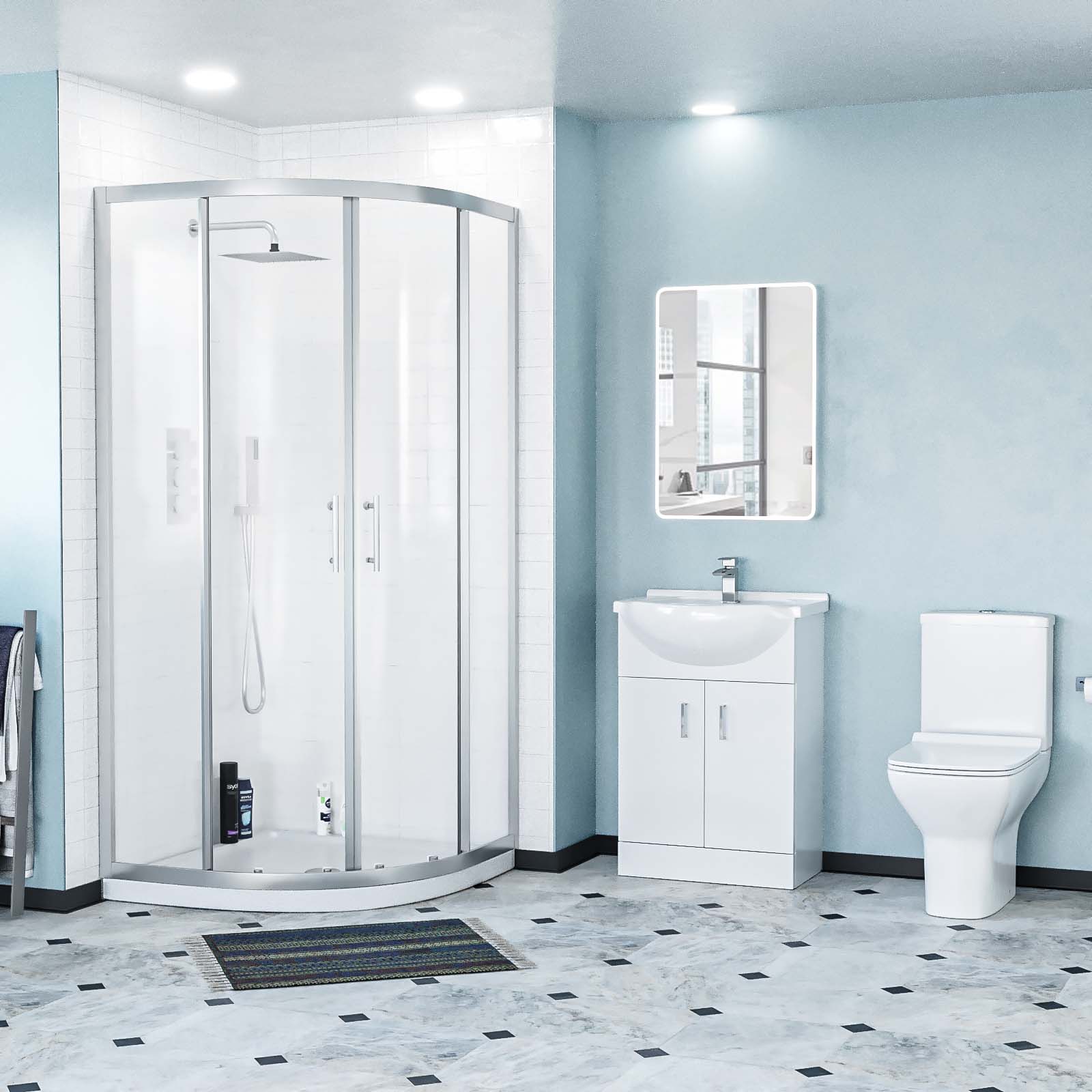 Ellen Rimless Close Coupled Toilet, Flat Pack Vanity Basin Unit, 900mm Quadrant Shower Enclosure and Shower Tray Suite White