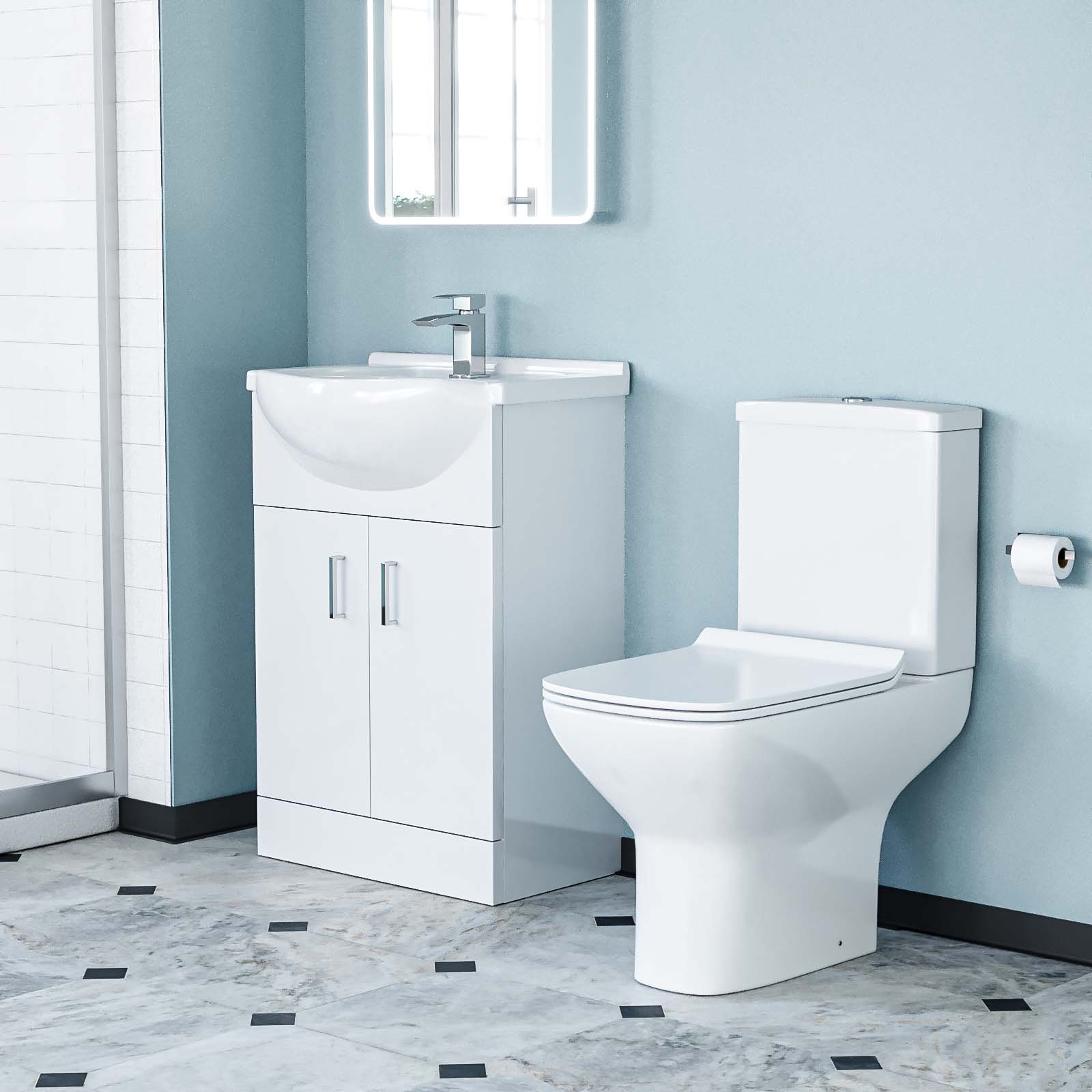 Ellen Rimless Close Coupled Toilet, Flat Pack Vanity Basin Unit, 900mm Quadrant Shower Enclosure and Shower Tray Suite White