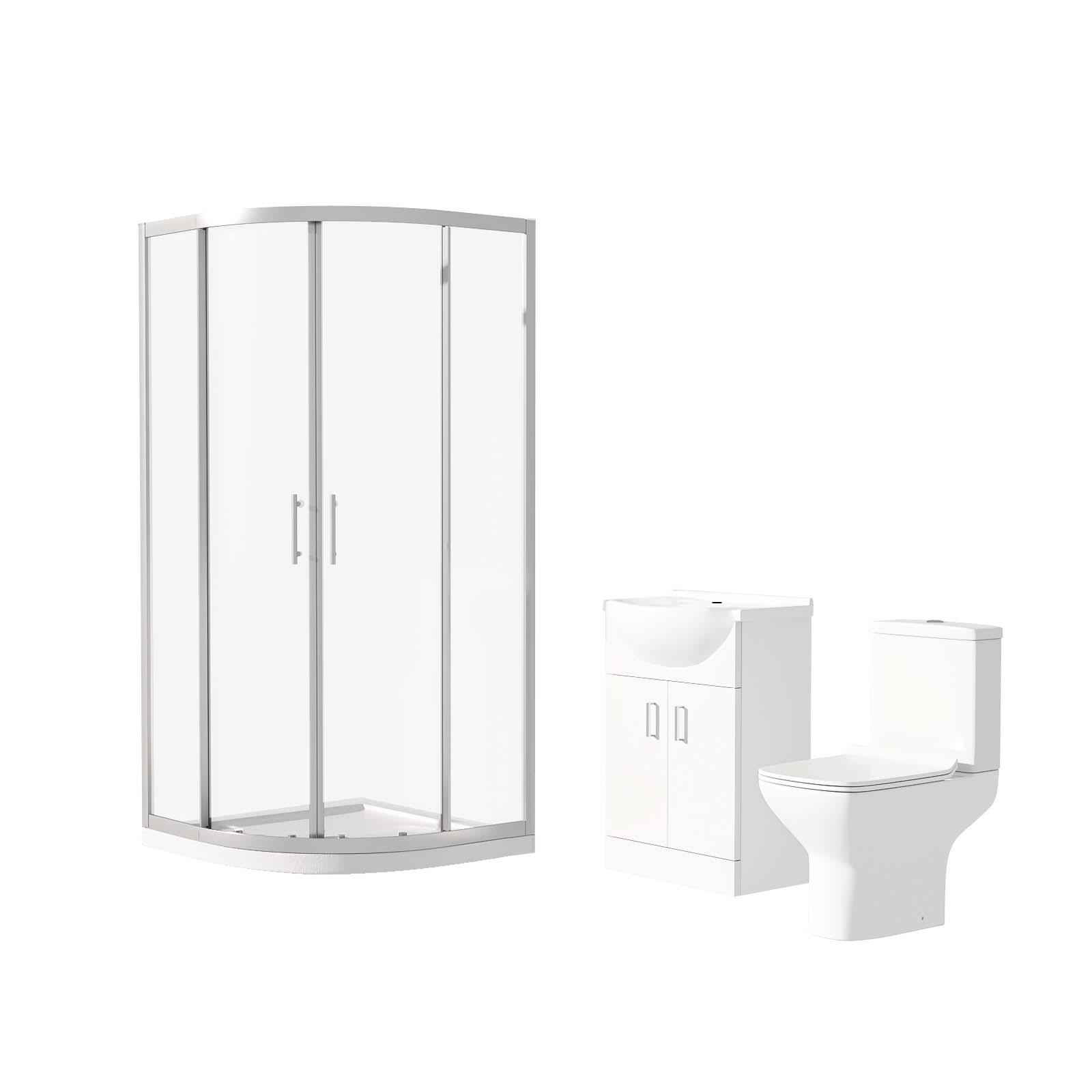 Warton Rimless Close Coupled Toilet, Flat Pack Vanity Basin Unit, 800mm Quadrant Shower Enclosure and Shower Tray Suite White