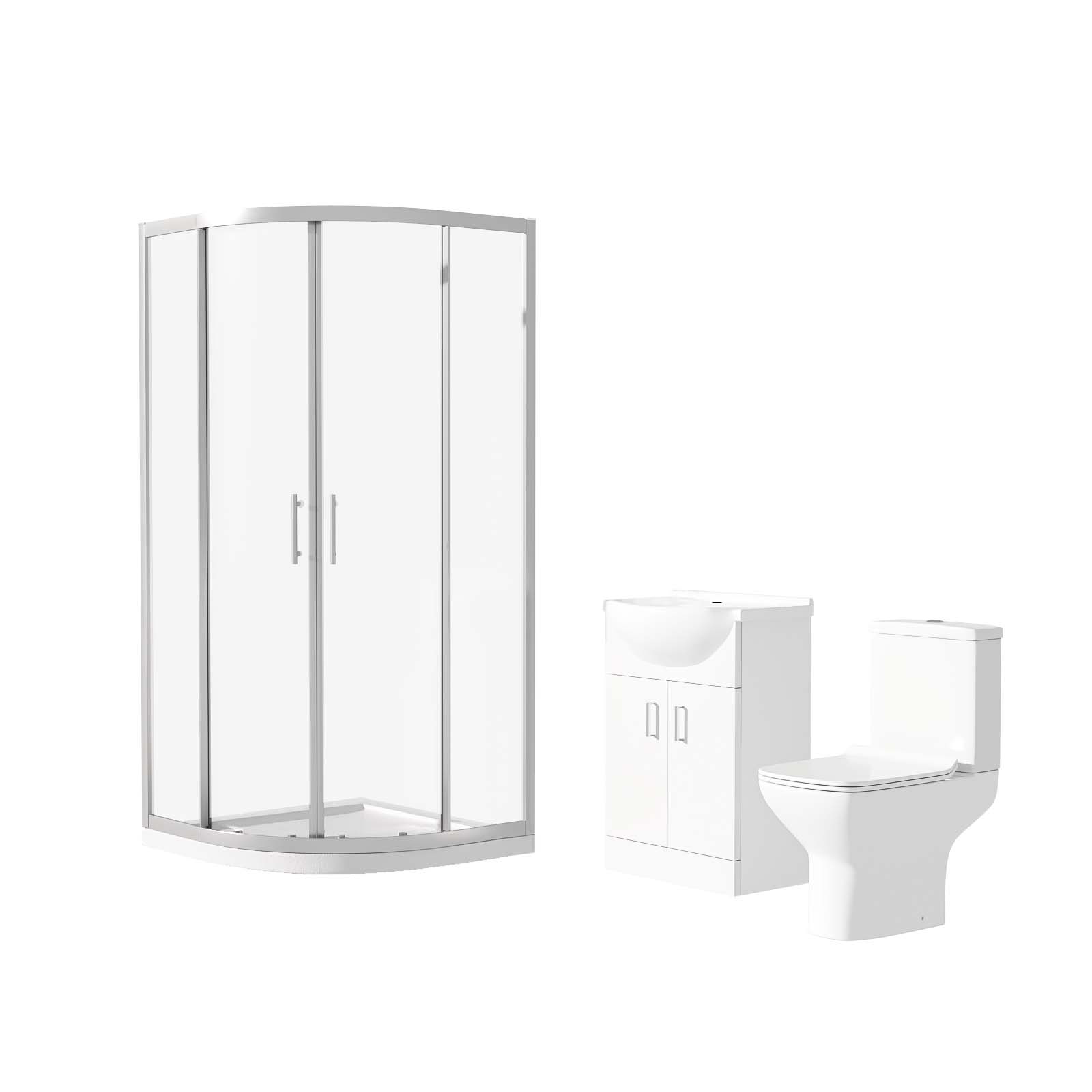 Ellen Rimless Close Coupled Toilet, Flat Pack Vanity Basin Unit, 900mm Quadrant Shower Enclosure and Shower Tray Suite White