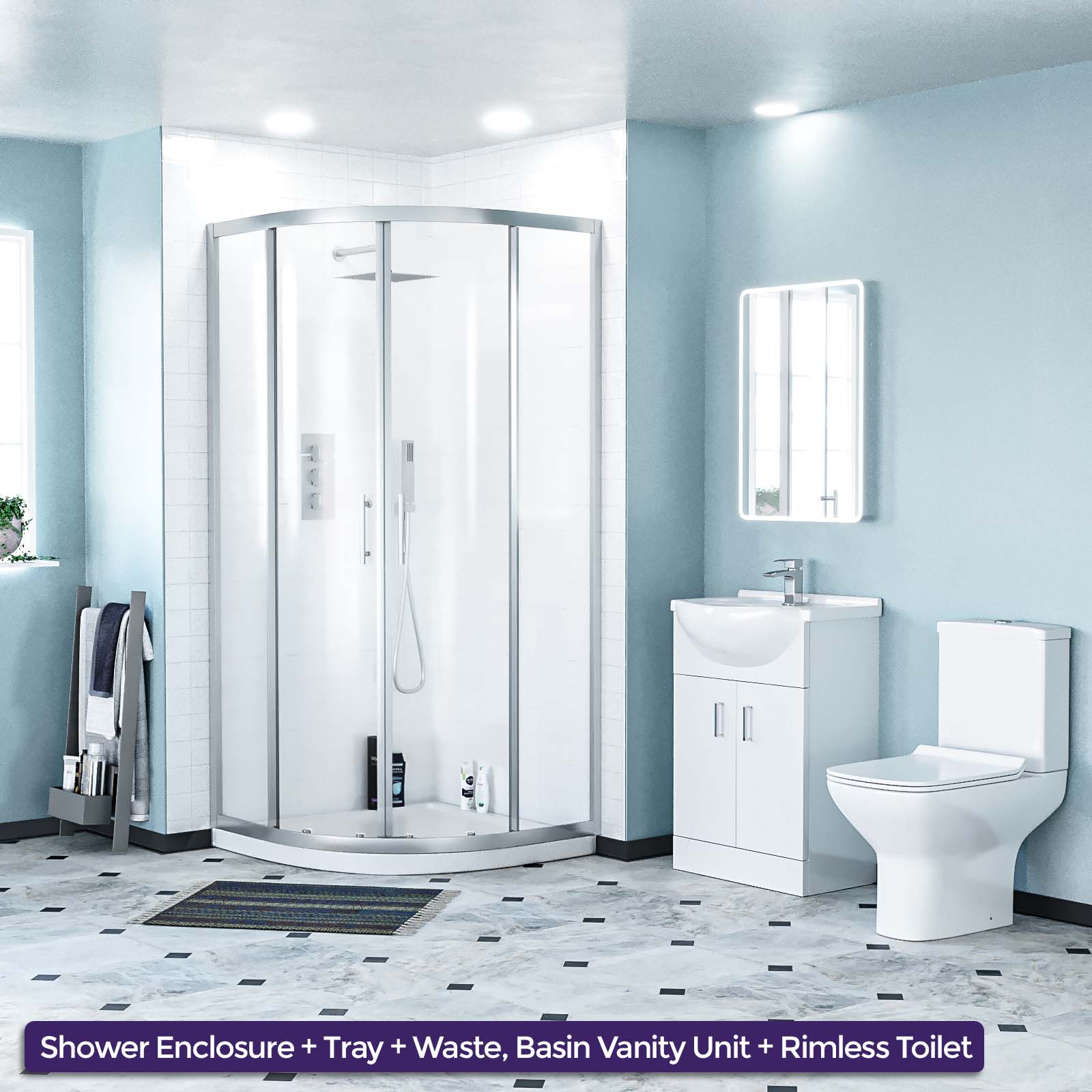 Ellen Rimless Close Coupled Toilet, Flat Pack Vanity Basin Unit, 900mm Quadrant Shower Enclosure and Shower Tray Suite White