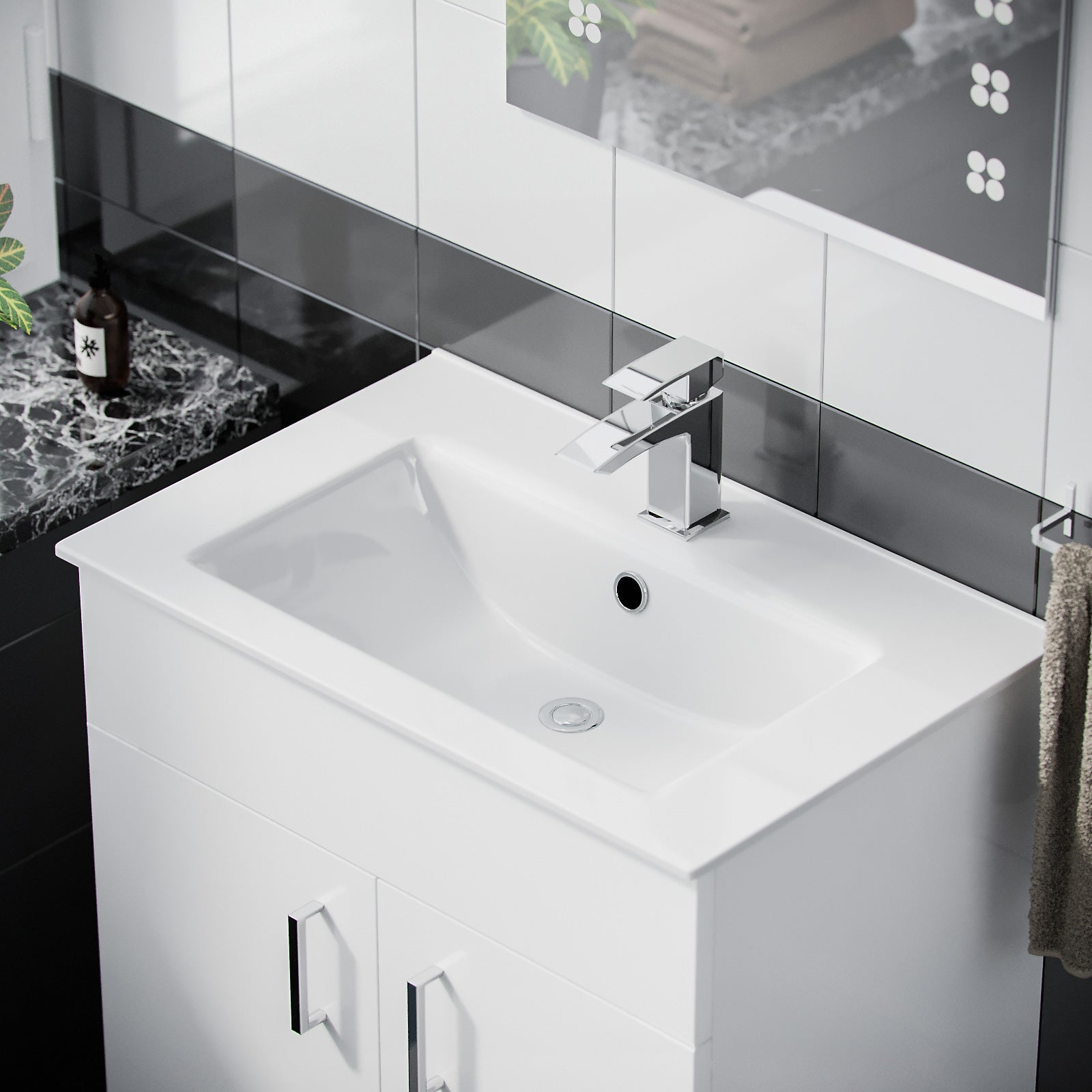 Nanuya 600mm White Floorstanding Vanity Unit & Slim White Basin Flat Pack