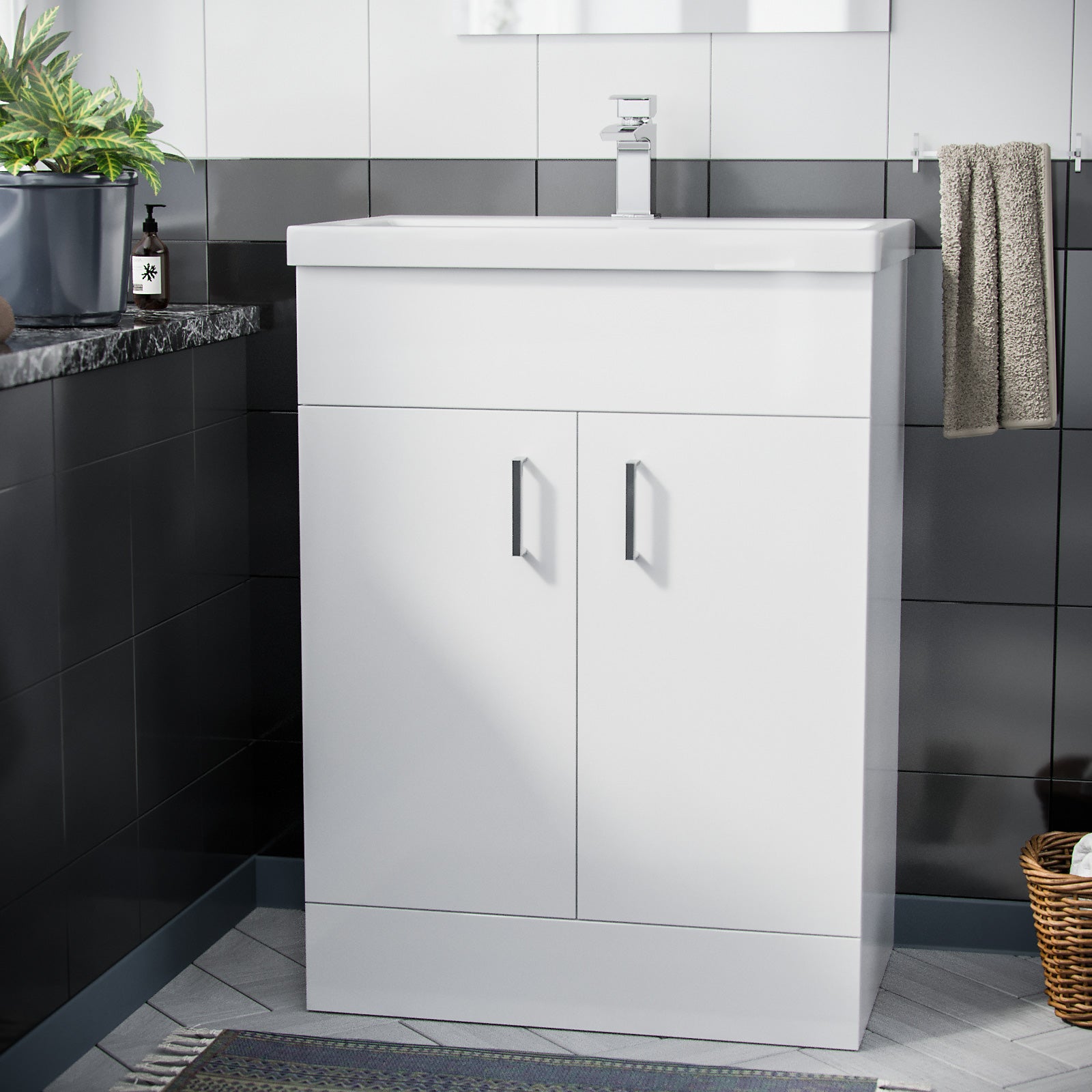 Nanuya White 600mm Basin Sink Vanity WC Unit & Rimless BTW Toilet Pan