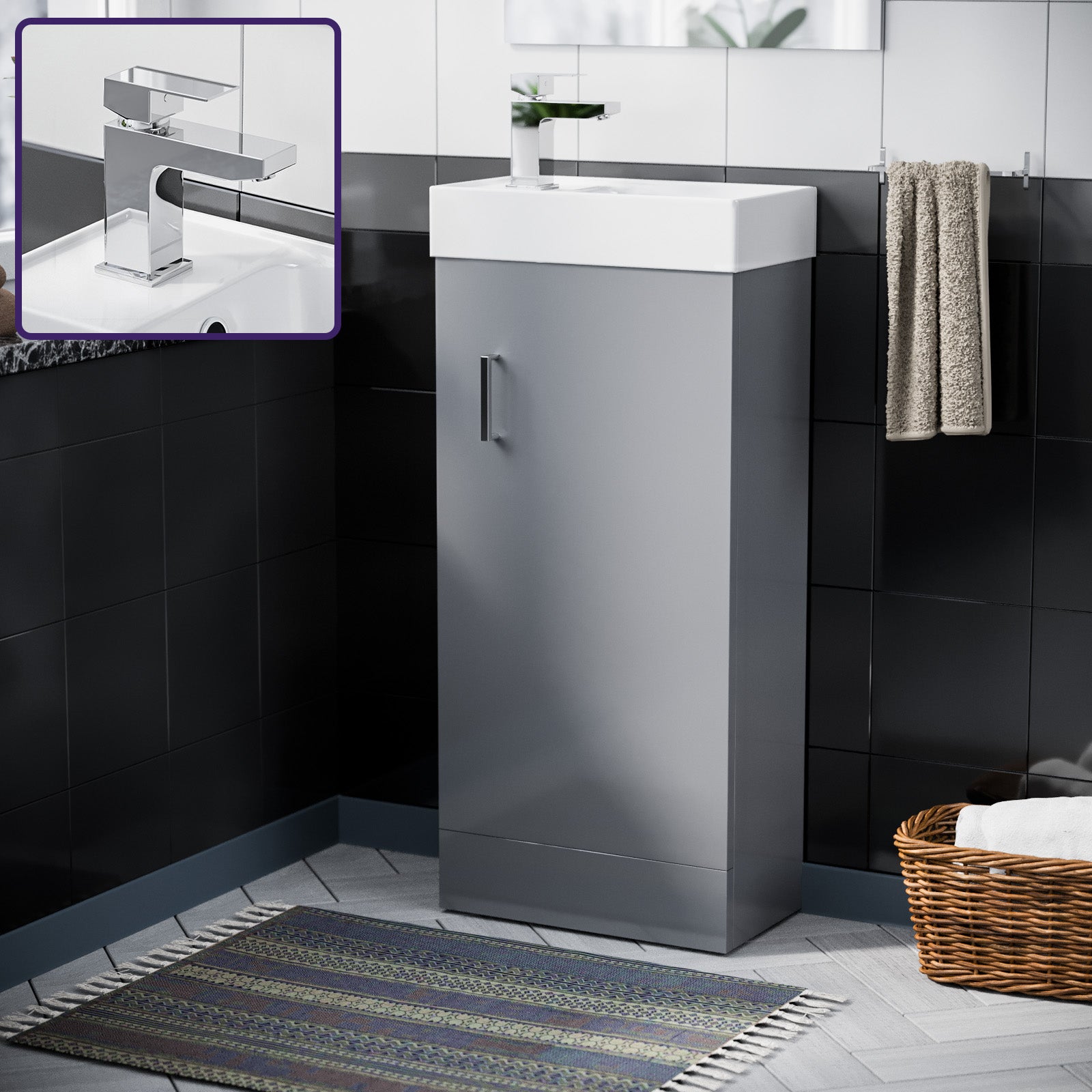 Nanuya 400mm Light Grey Cloakroom Vanity Basin Unit with Mixer Tap and Waste