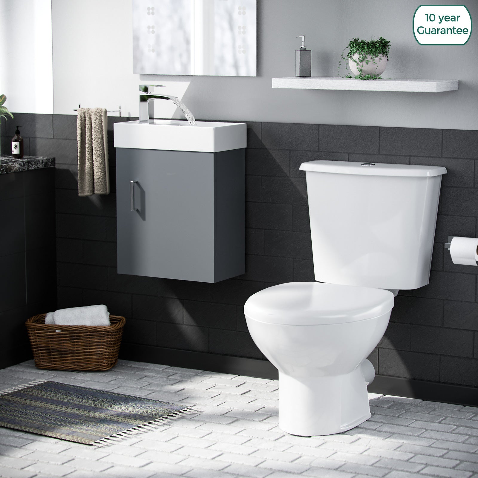 Nanuya 400mm Cloakroom Wall Hung Basin Vanity Unit & Close Coupled Toilet Dark Grey