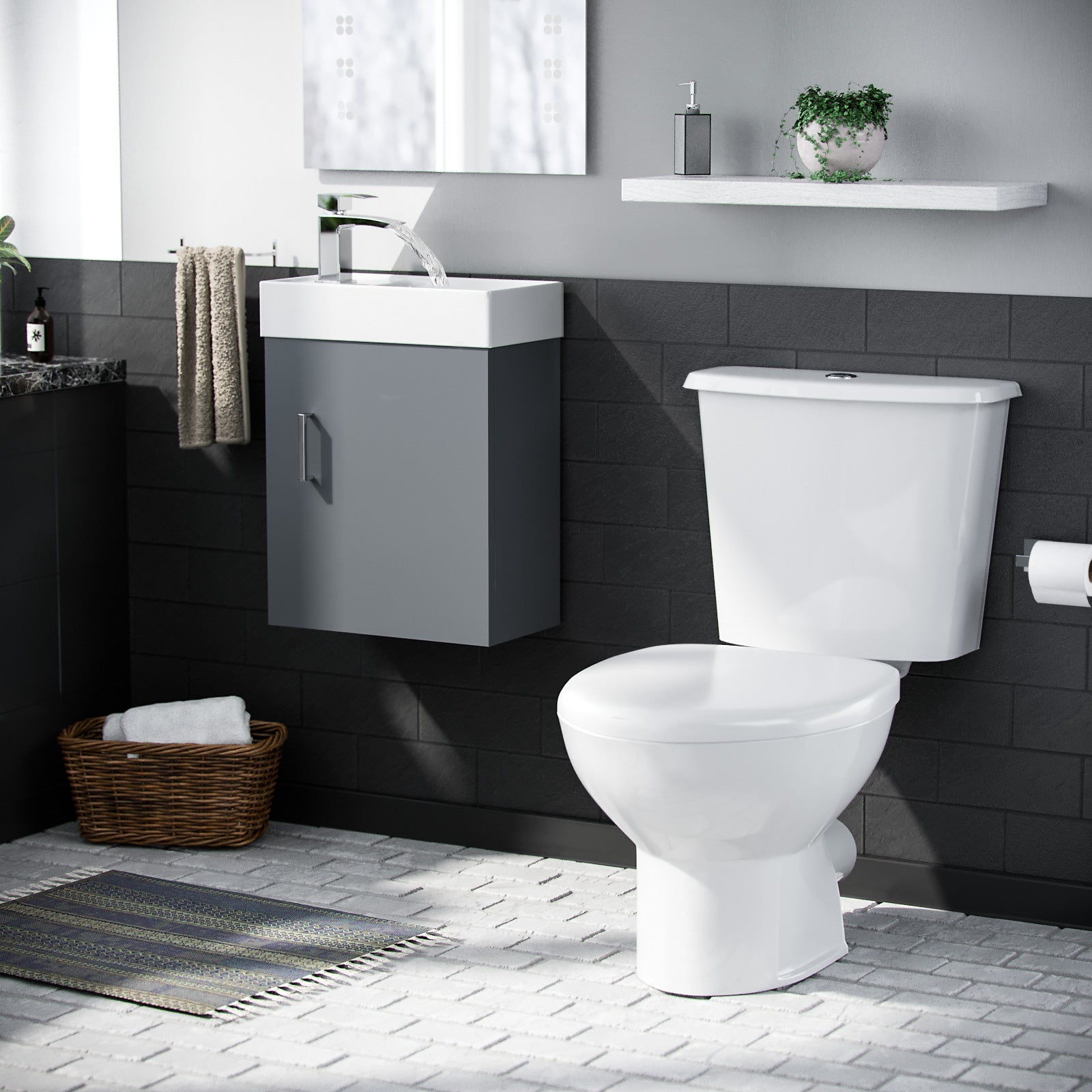 Nanuya 400mm Cloakroom Wall Hung Basin Vanity Unit & Close Coupled Toilet Dark Grey