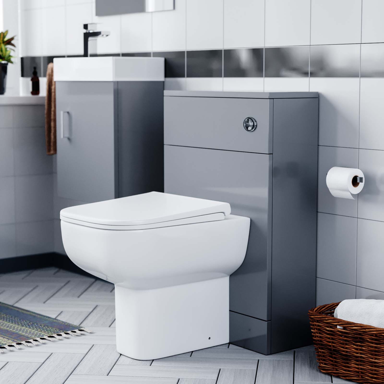 Nanuya 400mm Cloakroom Wall Hung Basin Vanity Unit & Concealed Cistern WC Toilet Pan Grey