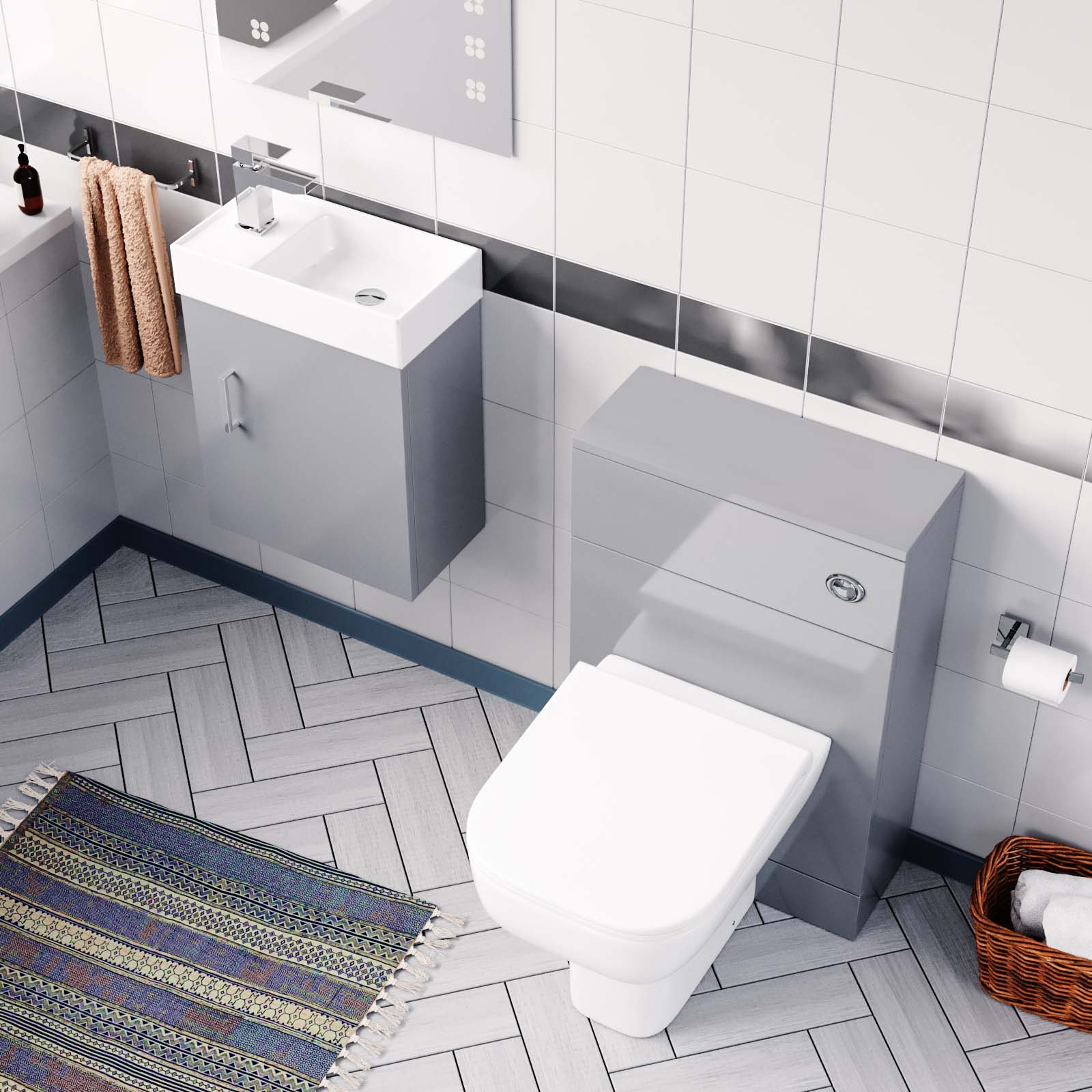 Nanuya 400mm Cloakroom Wall Hung Basin Vanity Unit & Concealed Cistern WC Toilet Pan Grey