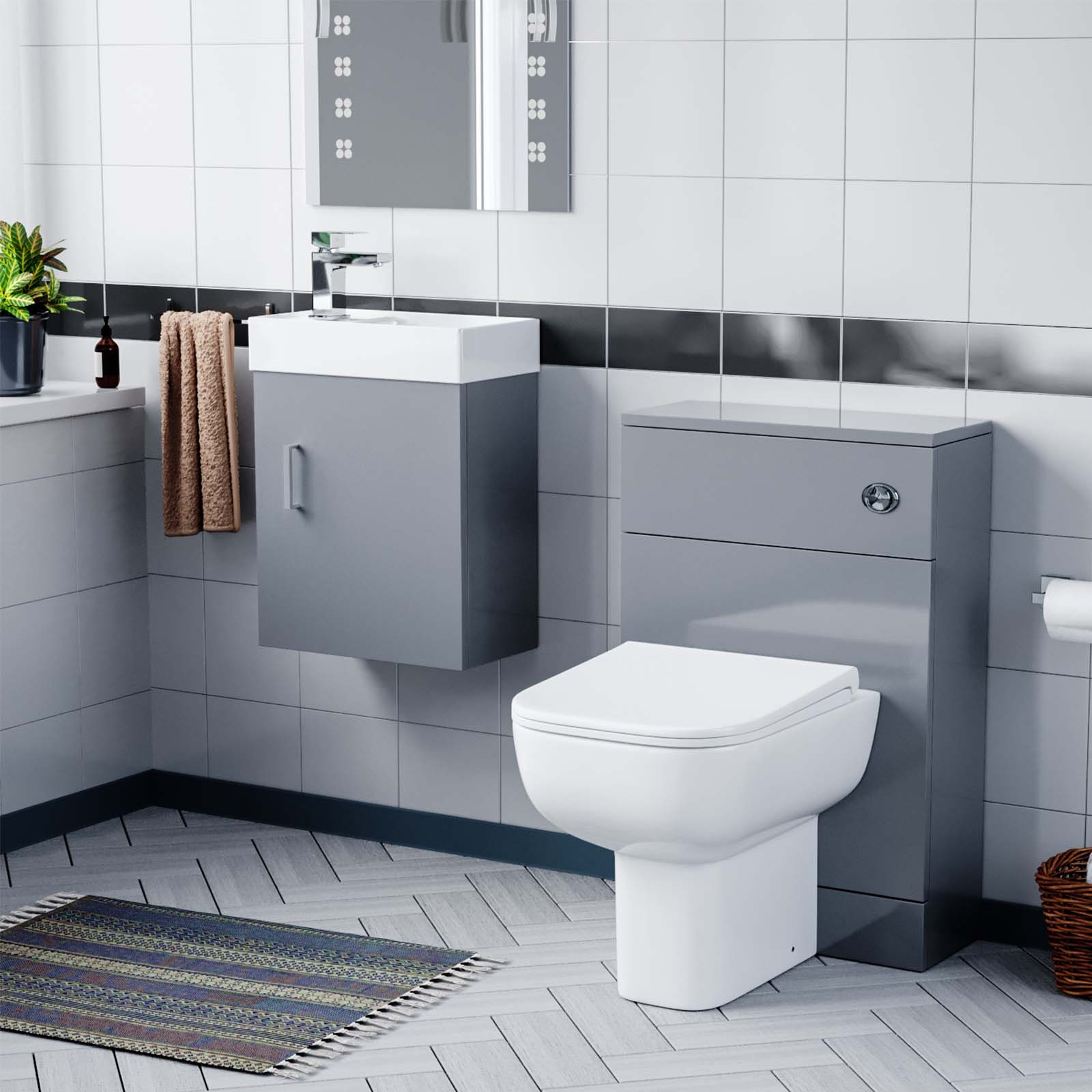 Nanuya 400mm Cloakroom Wall Hung Basin Vanity Unit & Concealed Cistern WC Toilet Pan Grey