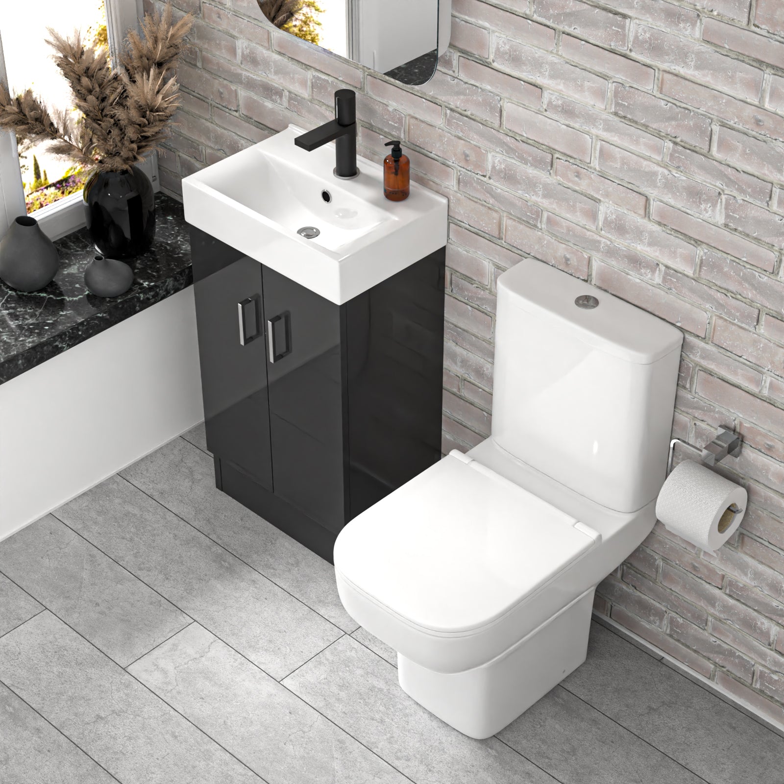 Nanuya 450mm Dark Grey Basin Vanity & Square White Close Coupled Toilet