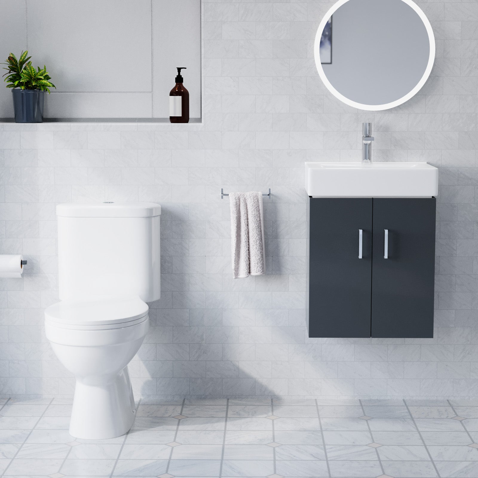 Nanuya 450mm Wall Hung Cabinet with Toilet, Quadrant Shower Enclosure with Tray