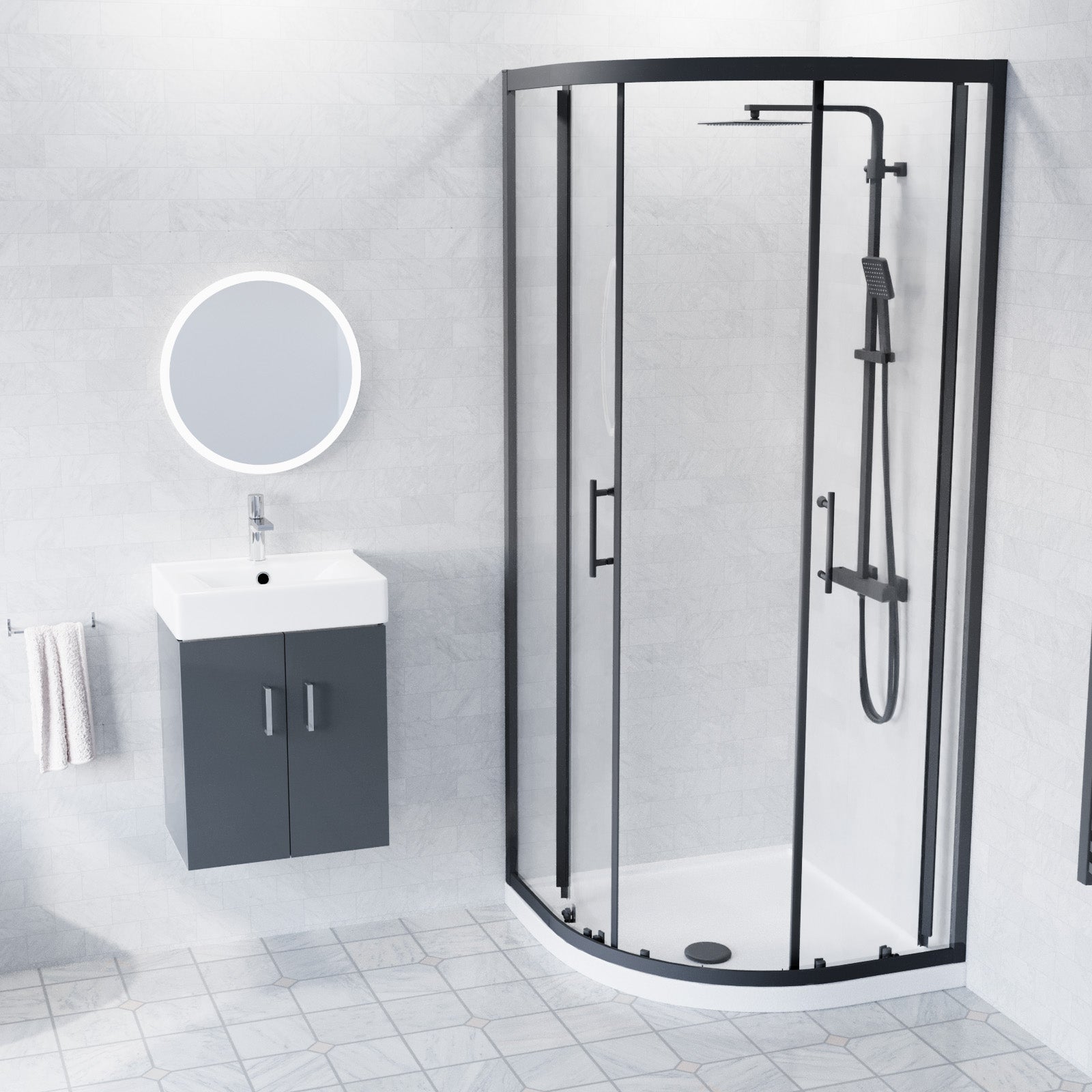 Nanuya 450mm Wall Hung Cabinet with Toilet, Quadrant Shower Enclosure with Tray