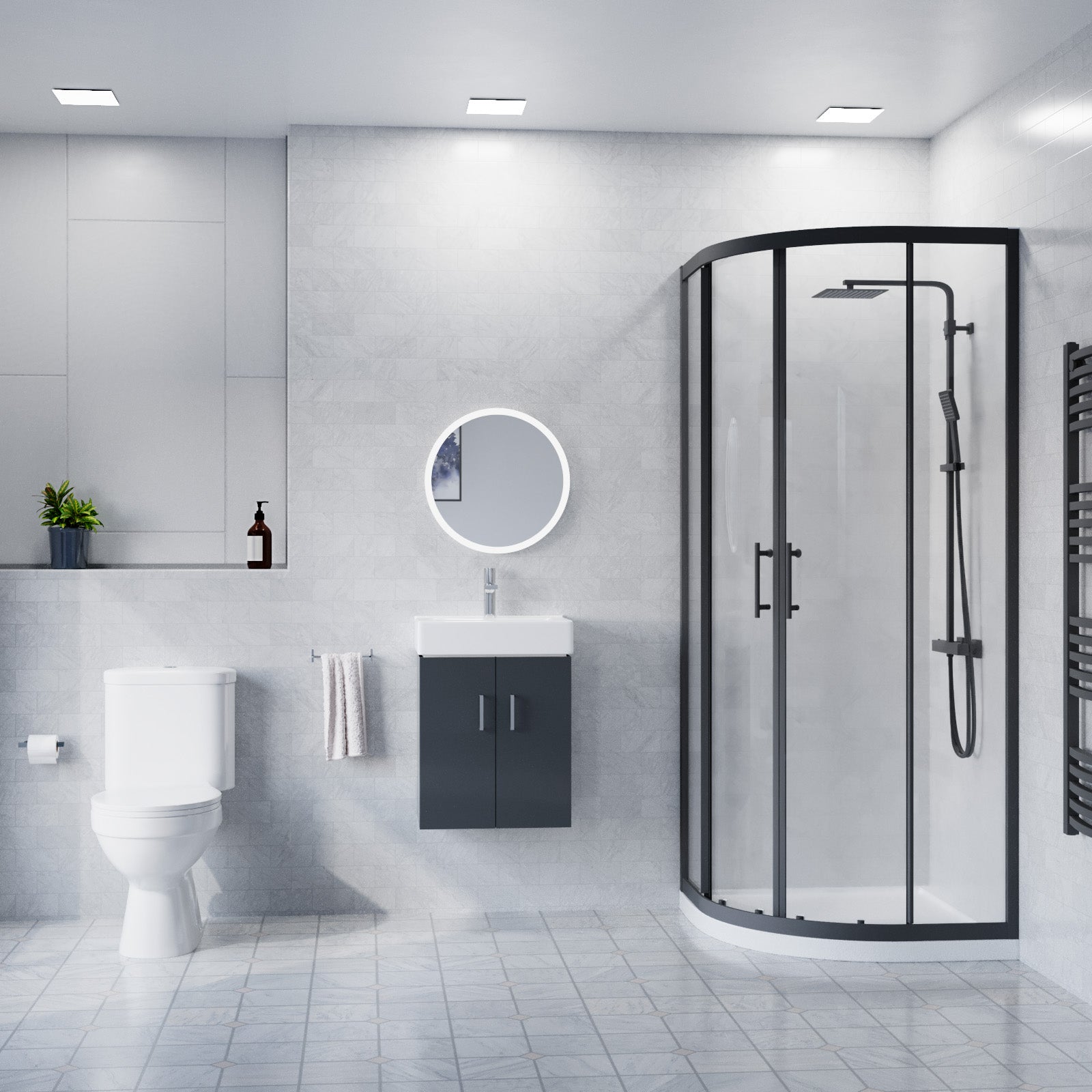 450mm Wall Hung Cabinet with Toilet, Quadrant Shower Enclosure 800 mm x 1850 mm with Tray