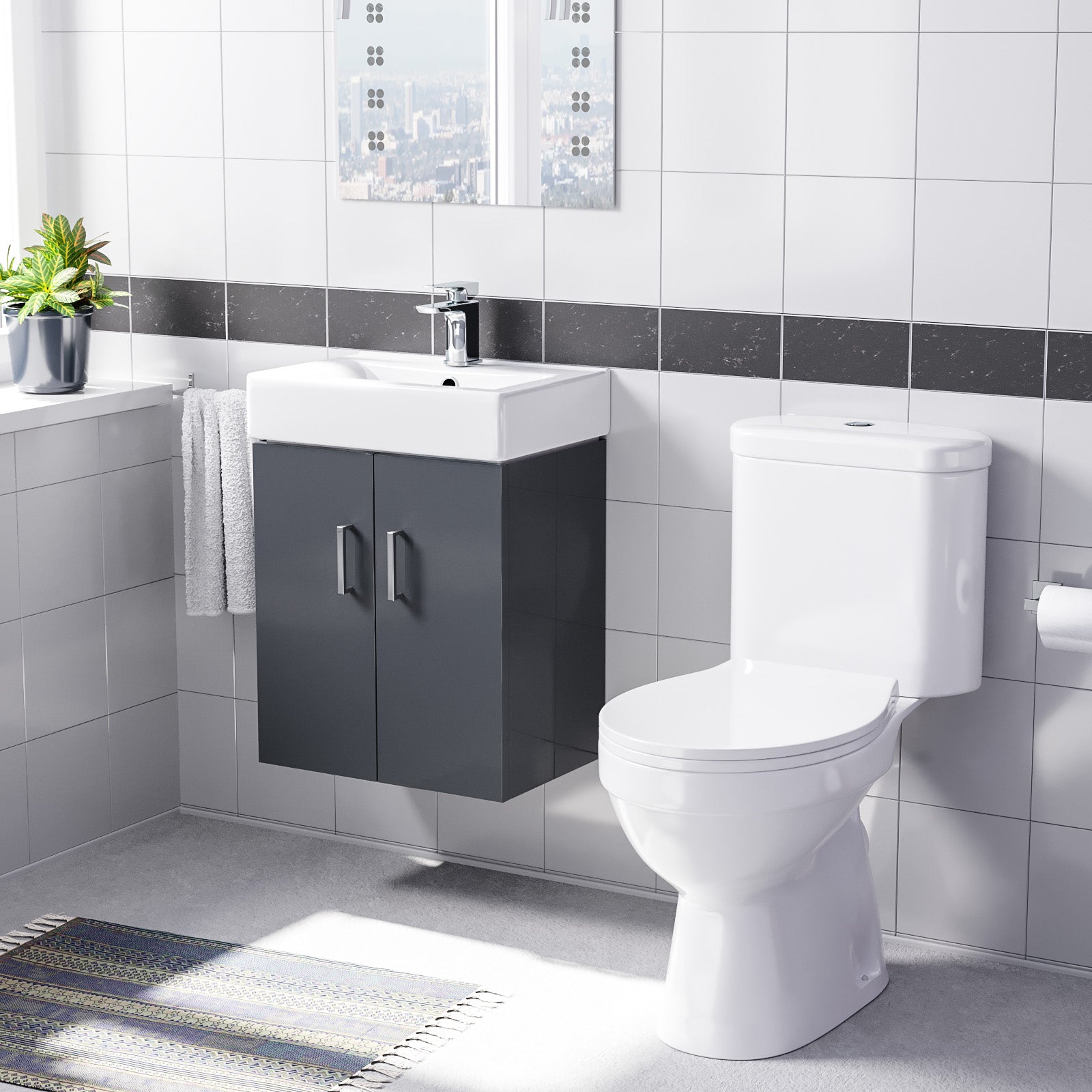 Nanuya Dark Grey 450mm Wall Hung Basin Vanity Unit and Close Coupled Toilet