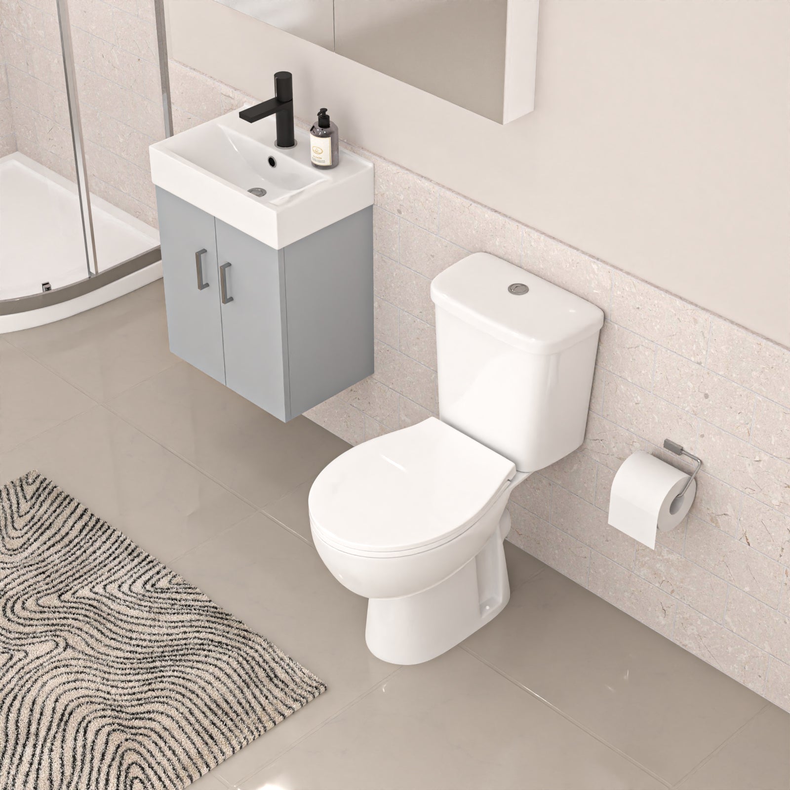 450mm Wall Hung Cabinet with Basin & ECO Toilet , Shower Enclosure with Tray