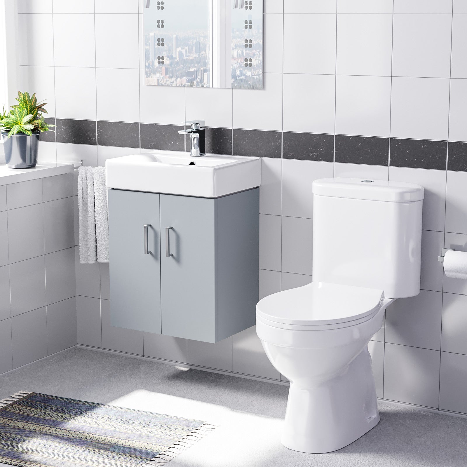 Nanuya Matte Grey 450mm Wall Hung Basin Vanity Unit and Close Coupled Toilet