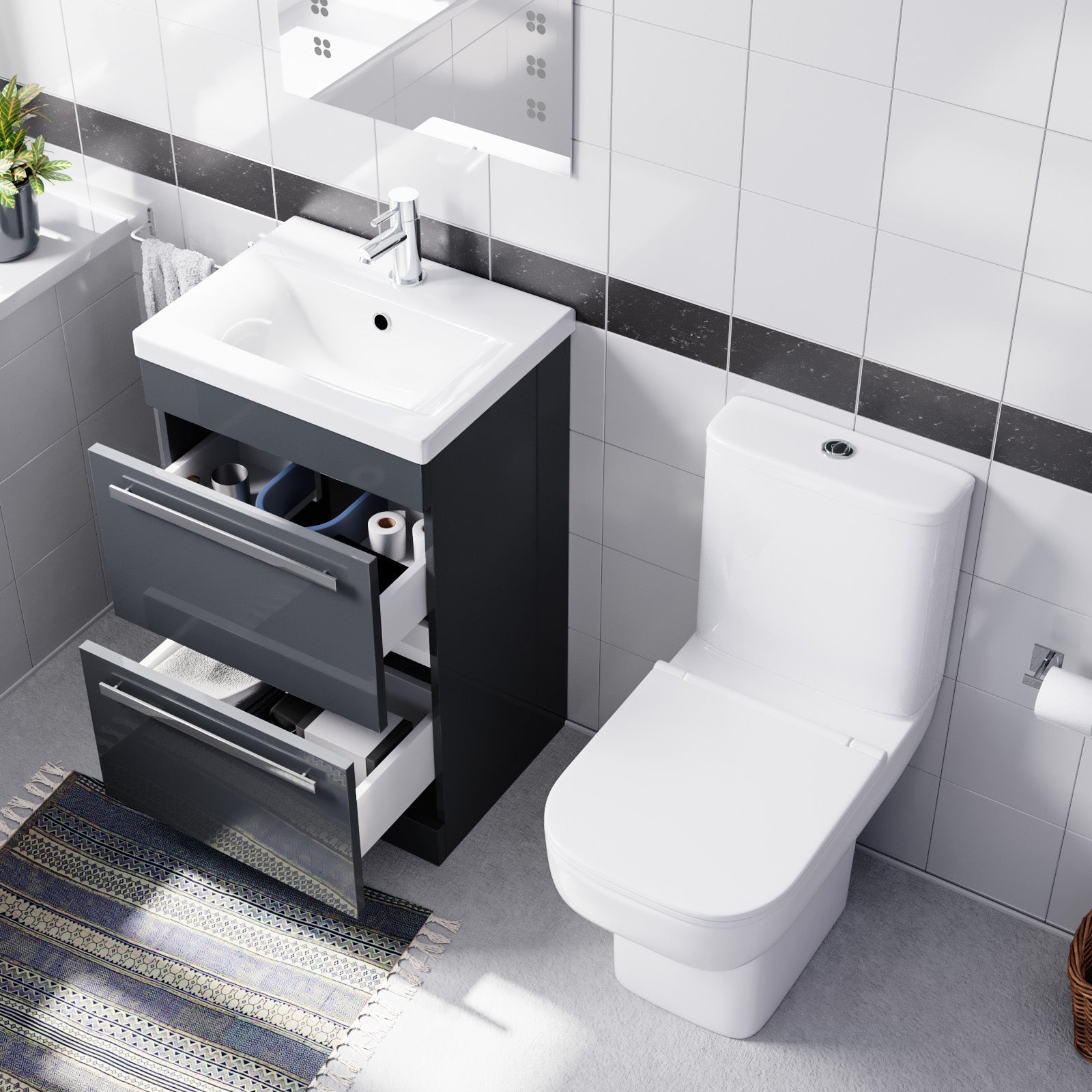 Nanuya 500mm Dark Grey 2 Drawers Vanity Square Close Coupled Toilet