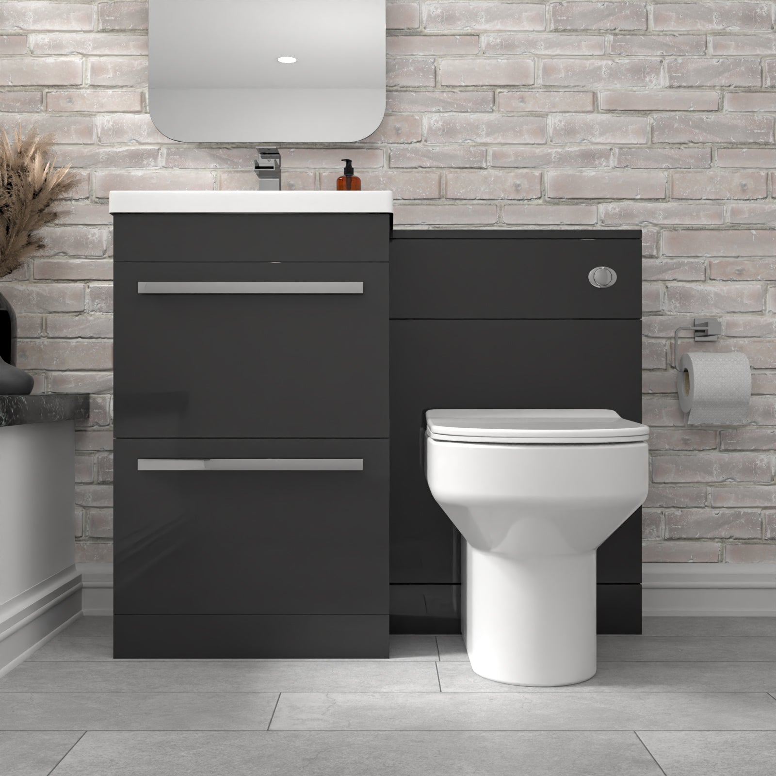 Nanuya 2 Drawers Dark Grey Basin Vanity, WC Unit & Back To Wall Comfort Toilet