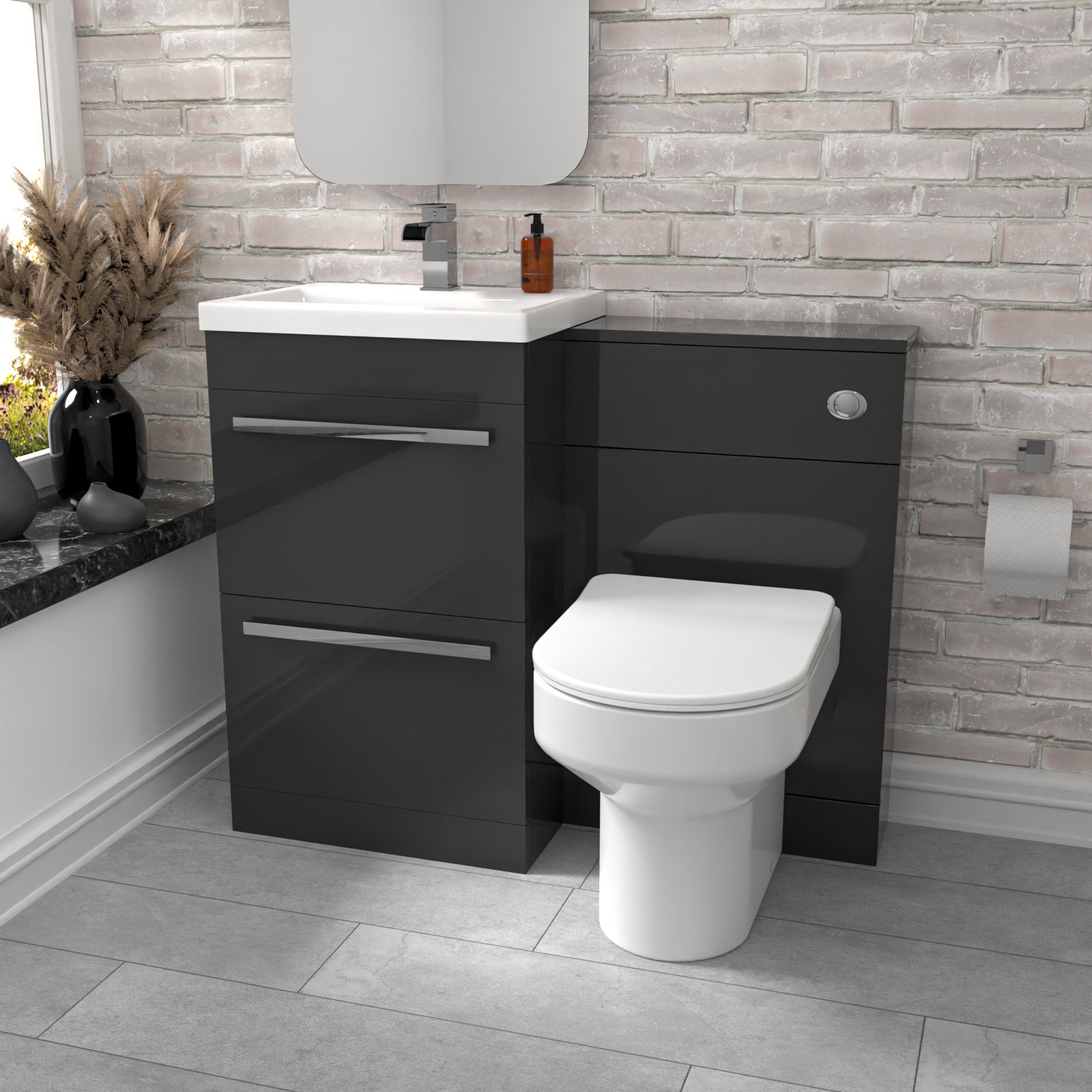 Nanuya 2 Drawers Dark Grey Basin Vanity, WC Unit & Back To Wall Comfort Toilet