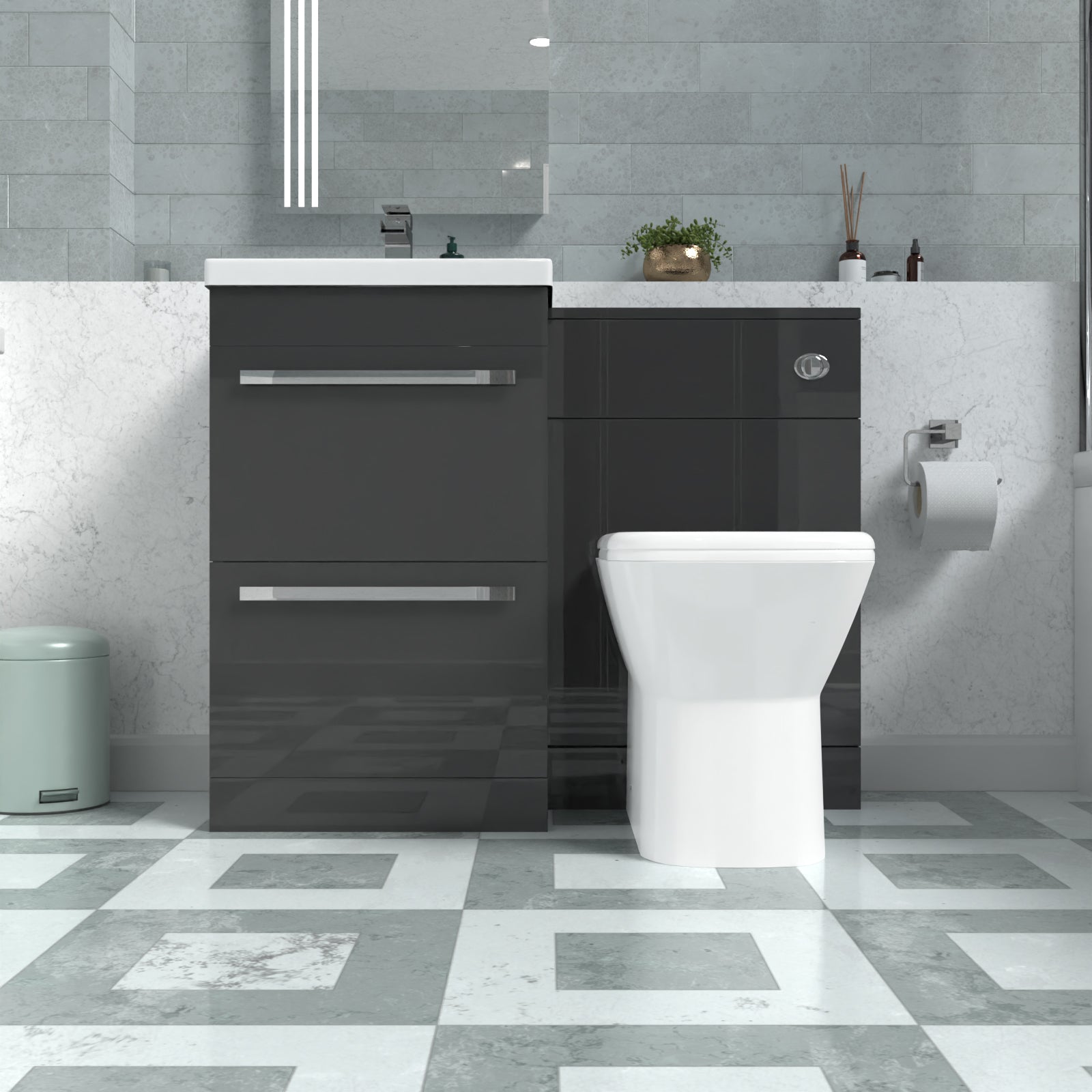 Nanuya Anthracite Basin Vanity Cabinet, WC Unit & Rimless Back To Wall Toilet