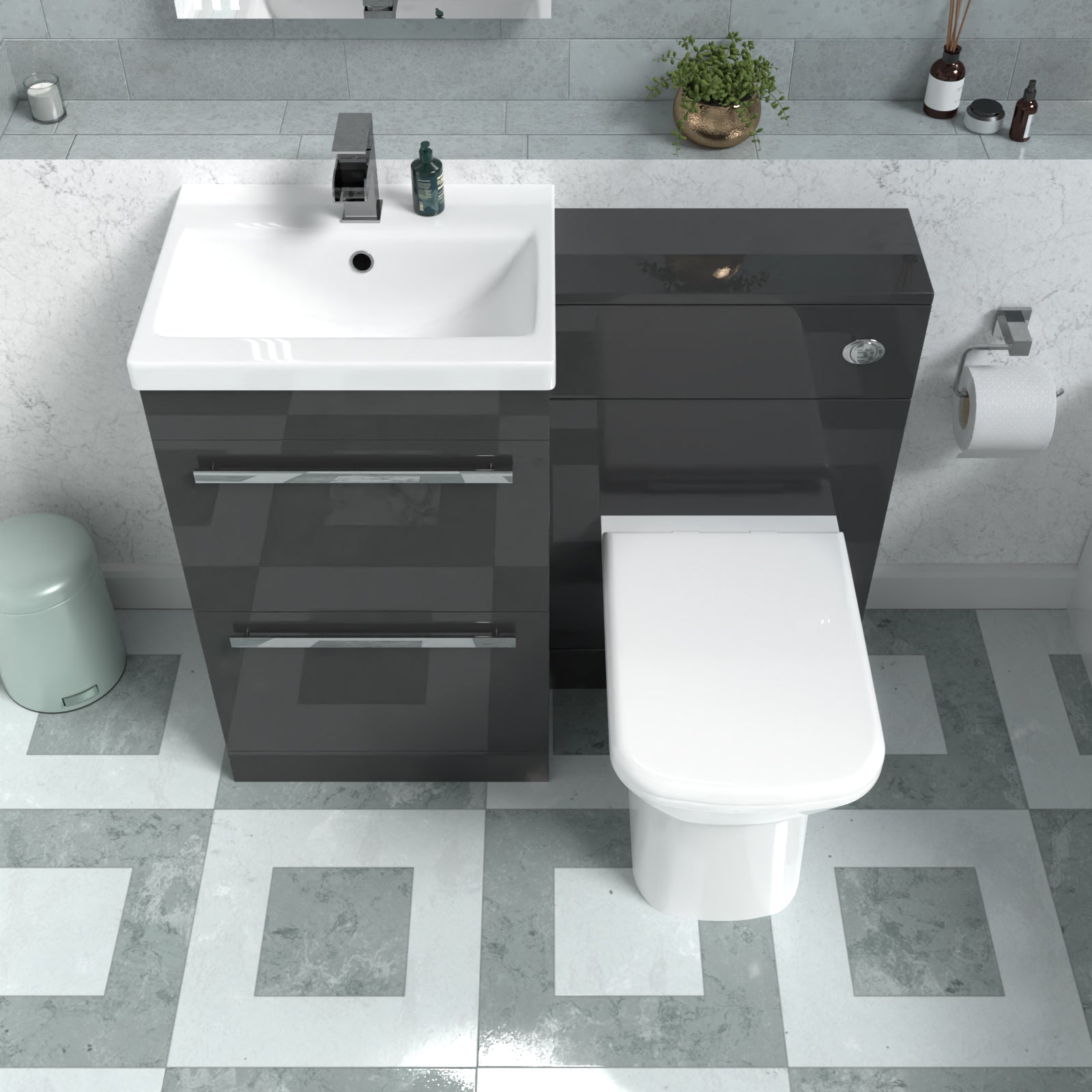 Nanuya Anthracite Basin Vanity Cabinet, WC Unit & Rimless Back To Wall Toilet