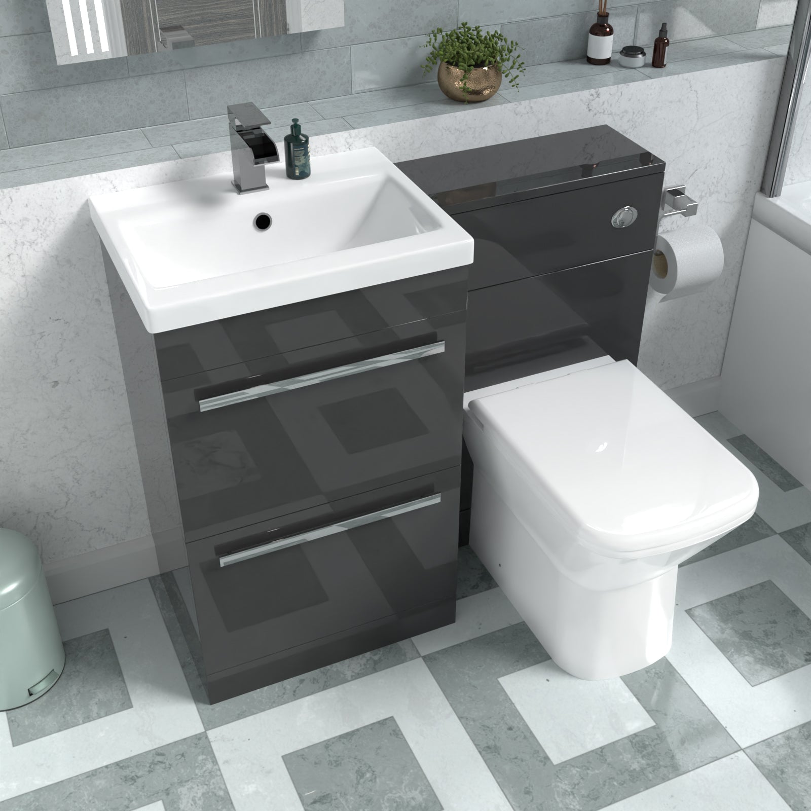 Nanuya Anthracite Basin Vanity Cabinet, WC Unit & Rimless Back To Wall Toilet