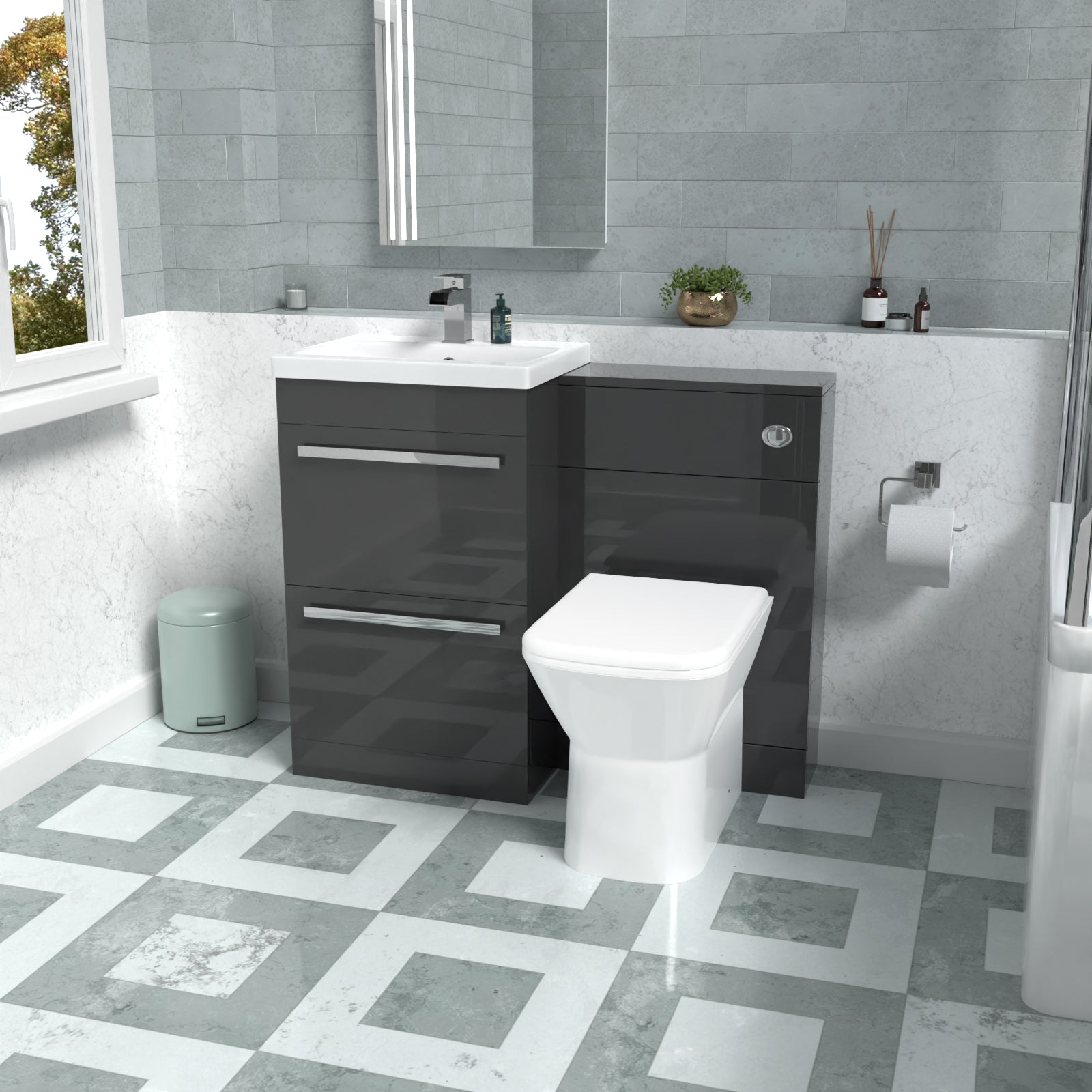 Nanuya Anthracite Basin Vanity Cabinet, WC Unit & Rimless Back To Wall Toilet