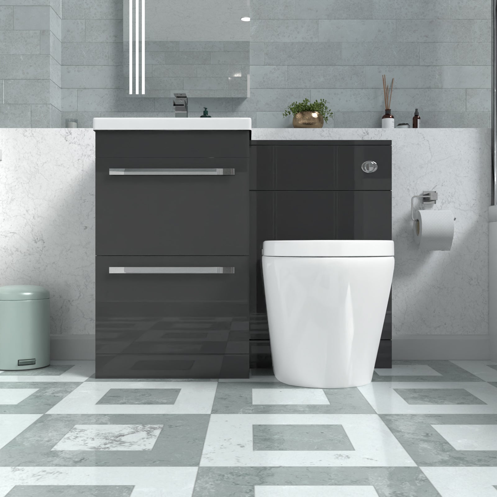 Nanuya Anthracite Drawers Basin Cabinet, WC Unit & Rimless Back To Wall Toilet