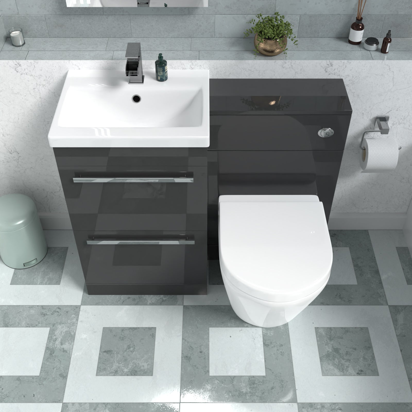 Nanuya Anthracite Drawers Basin Cabinet, WC Unit & Rimless Back To Wall Toilet