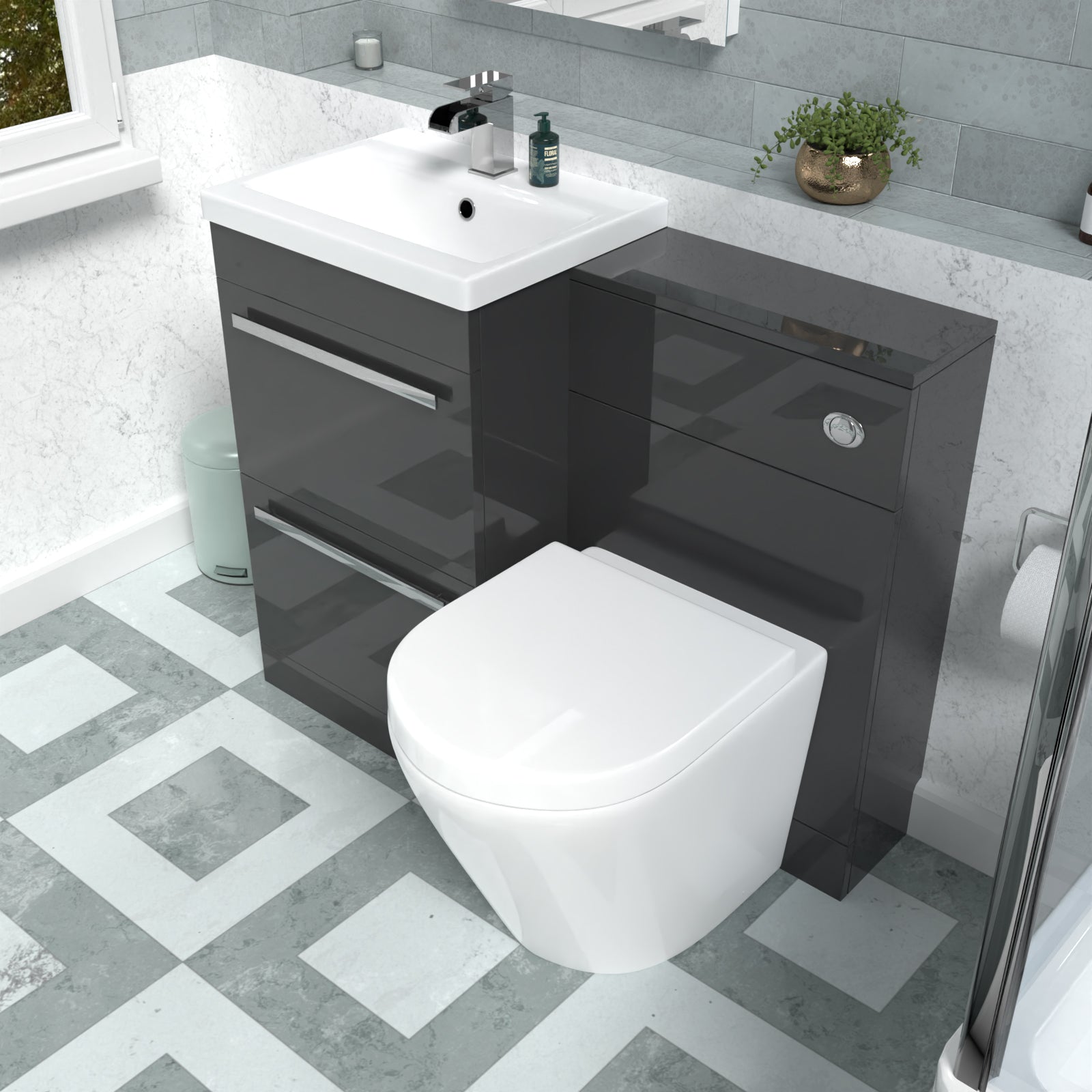 Nanuya Anthracite Drawers Basin Cabinet, WC Unit & Rimless Back To Wall Toilet