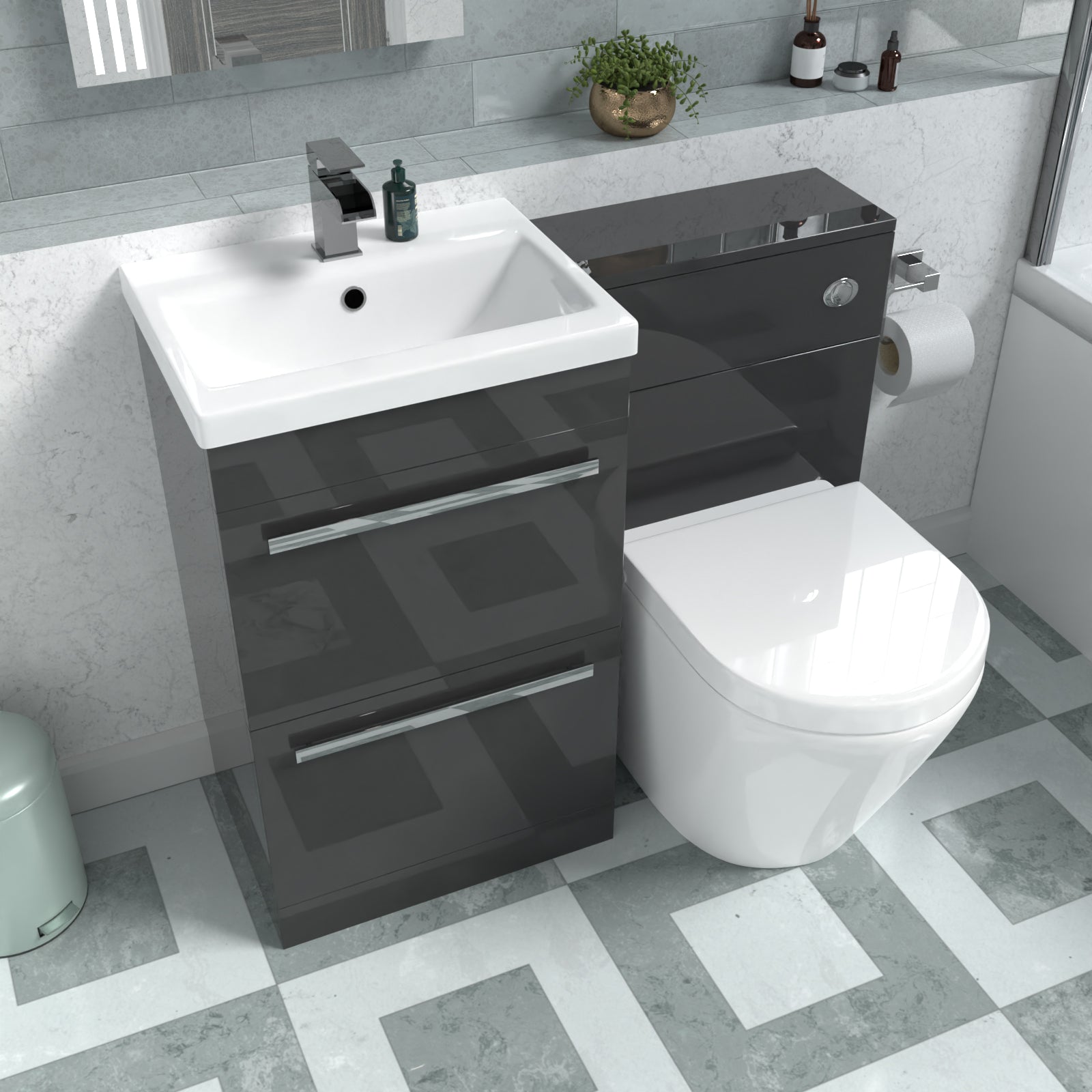 Nanuya Anthracite Drawers Basin Cabinet, WC Unit & Rimless Back To Wall Toilet