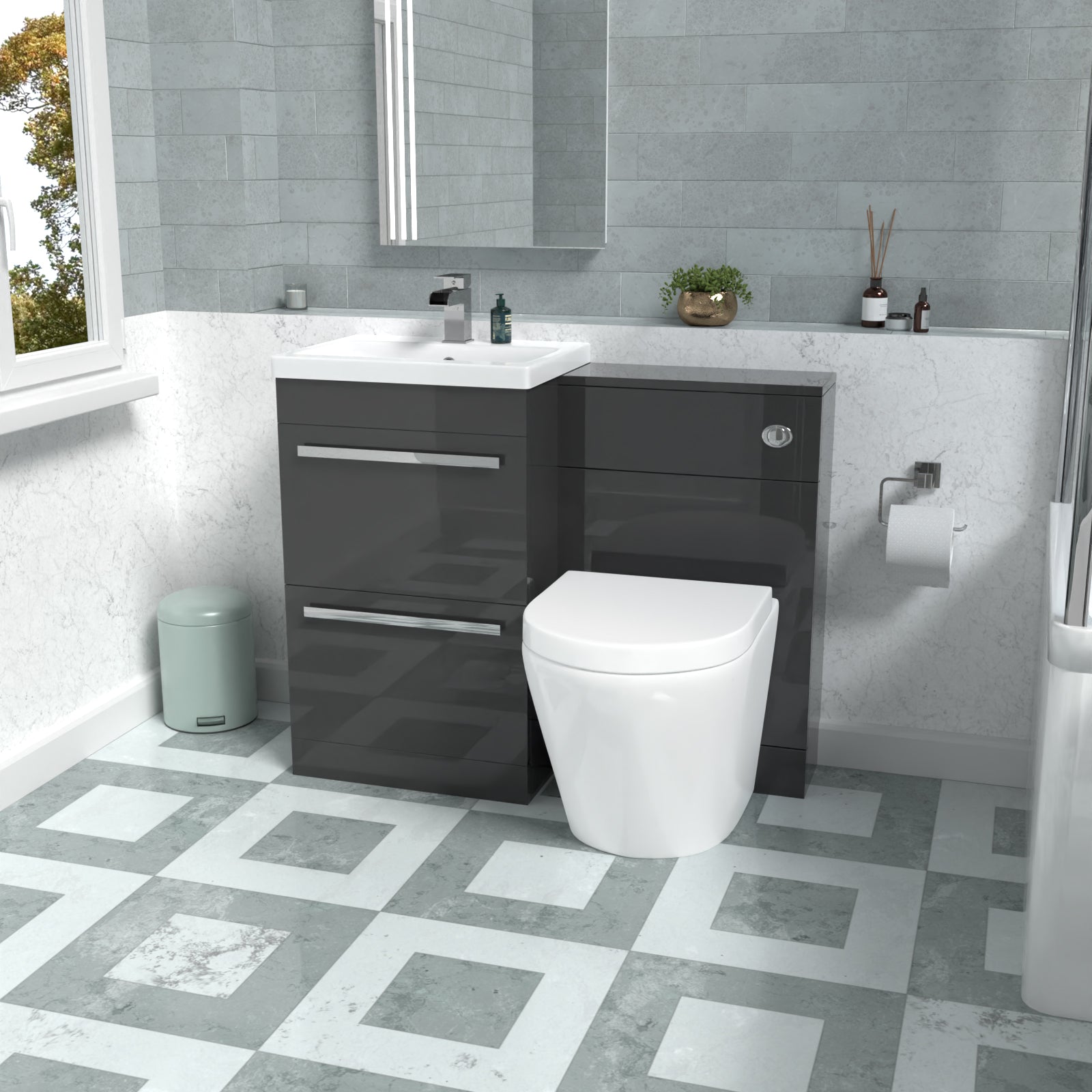 Nanuya Anthracite Drawers Basin Cabinet, WC Unit & Rimless Back To Wall Toilet